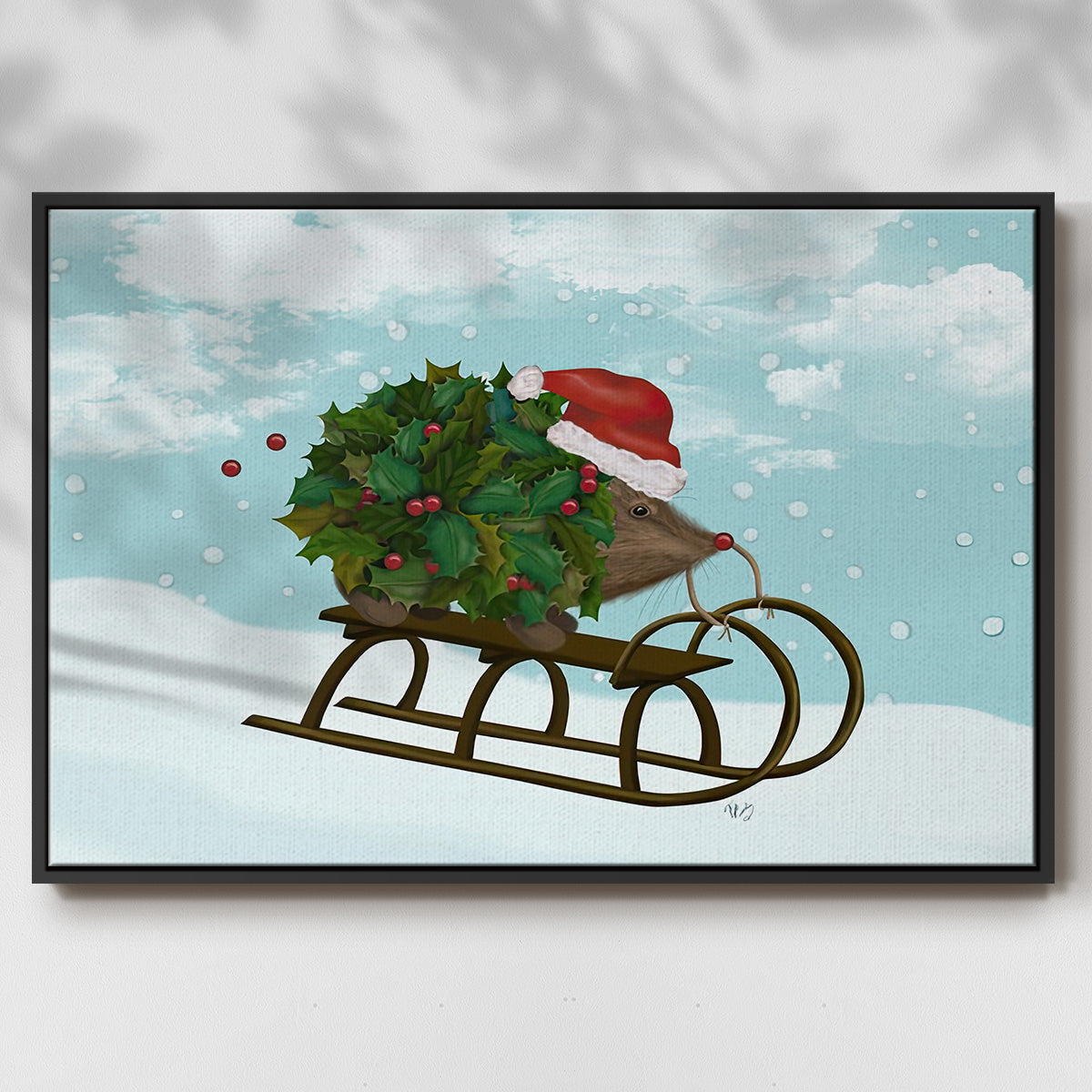 Christmas Holly Hedgehog Sledding - Floater Framed Canvas Print