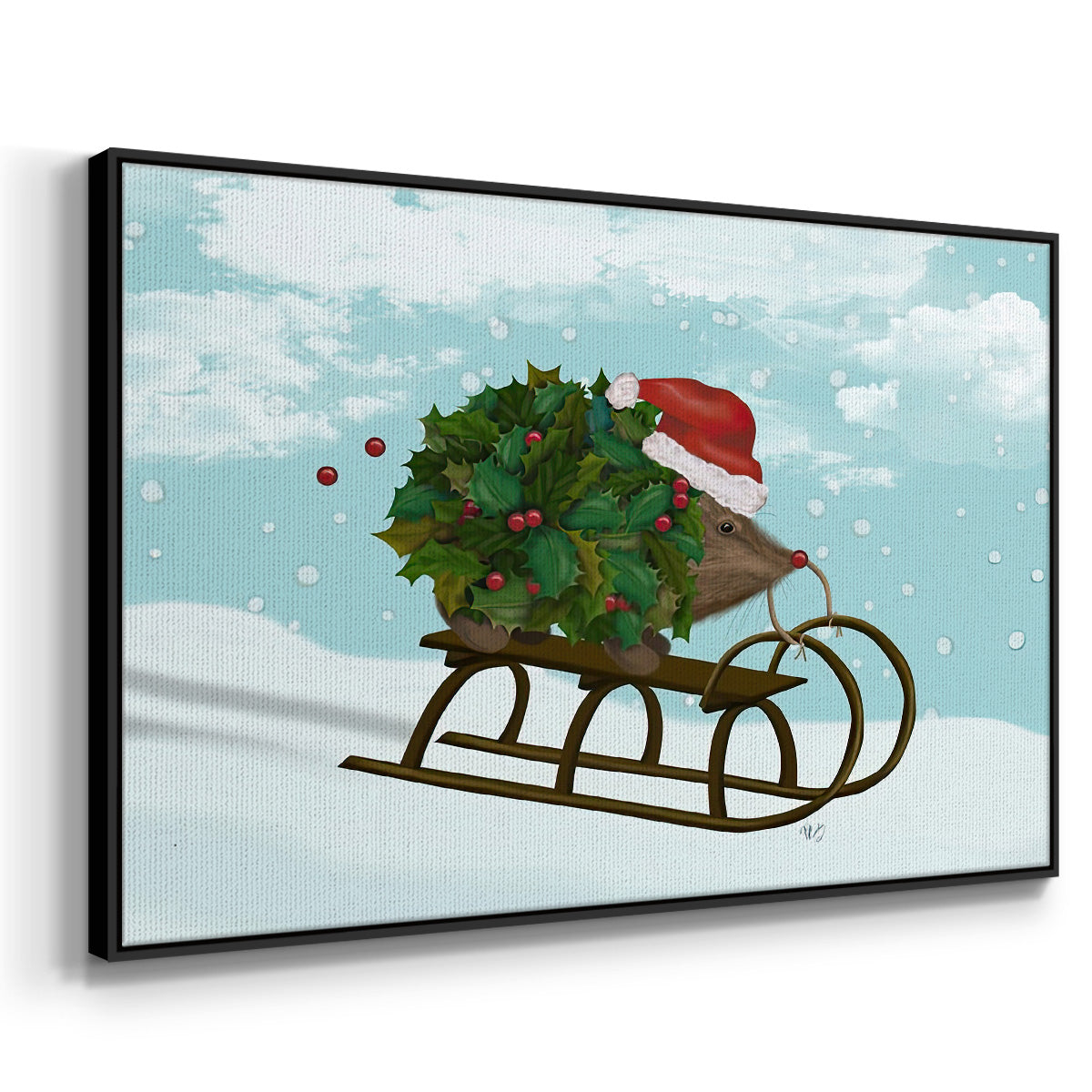 Christmas Holly Hedgehog Sledding - Floater Framed Canvas Print