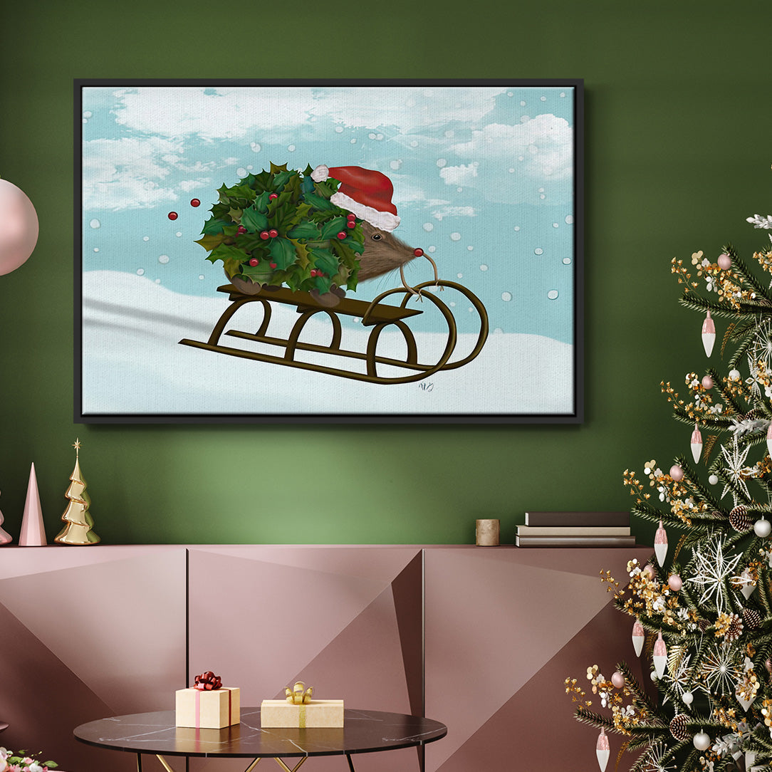 Christmas Holly Hedgehog Sledding - Floater Framed Canvas Print
