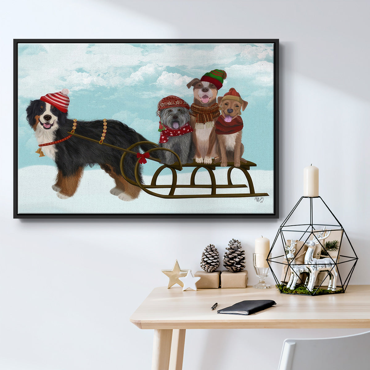 Christmas Mutt Sled - Floater Framed Canvas Print