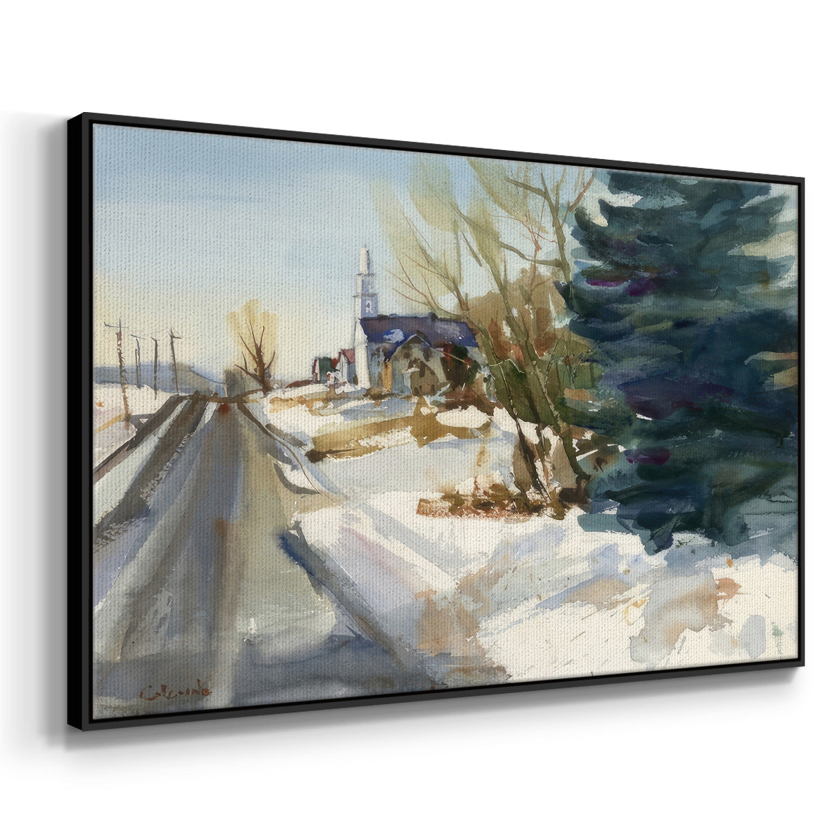 Congregational Church in Winter - Floater Framed Canvas Print