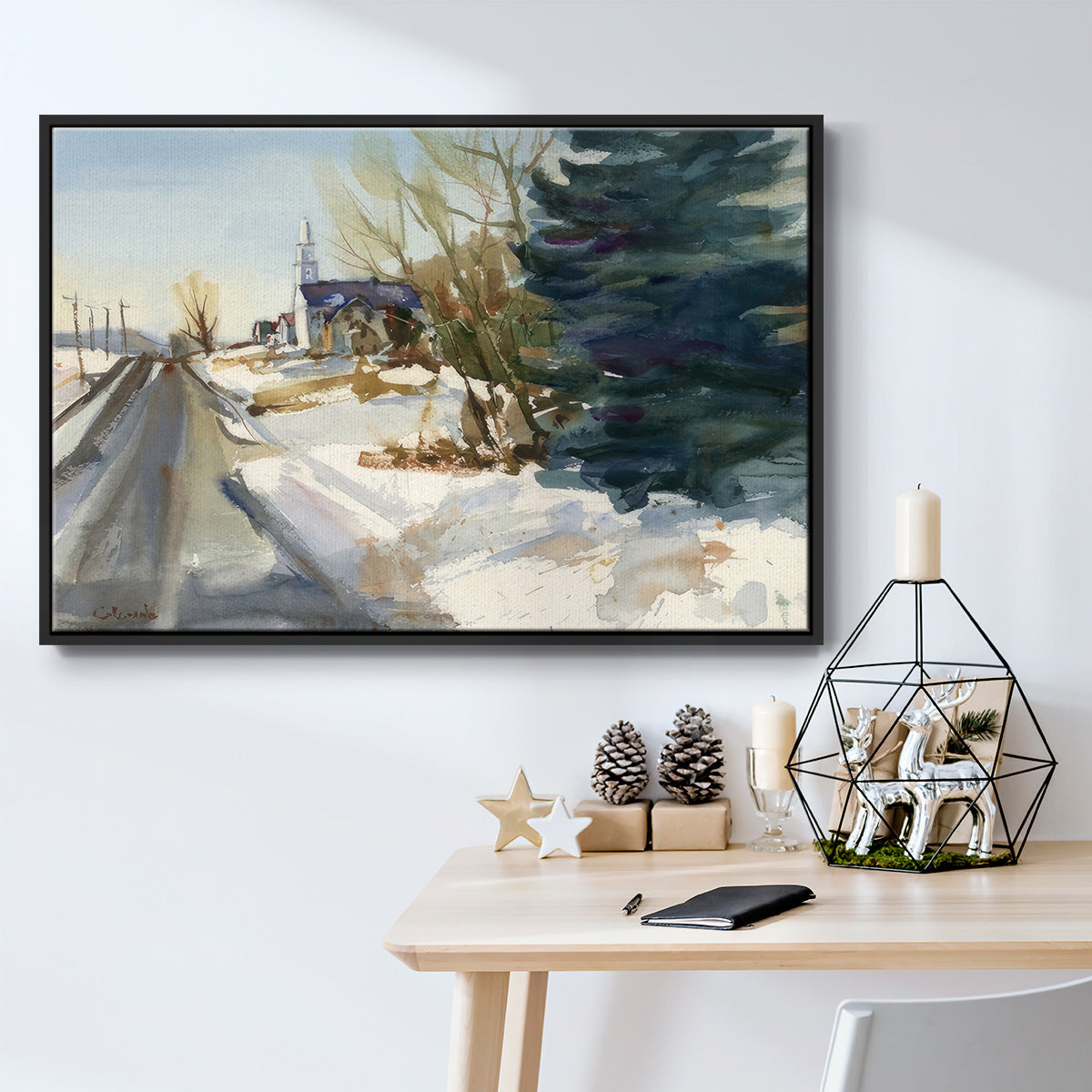 Congregational Church in Winter - Floater Framed Canvas Print