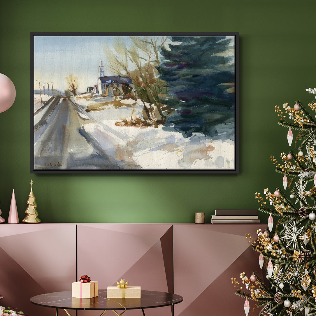 Congregational Church in Winter - Floater Framed Canvas Print
