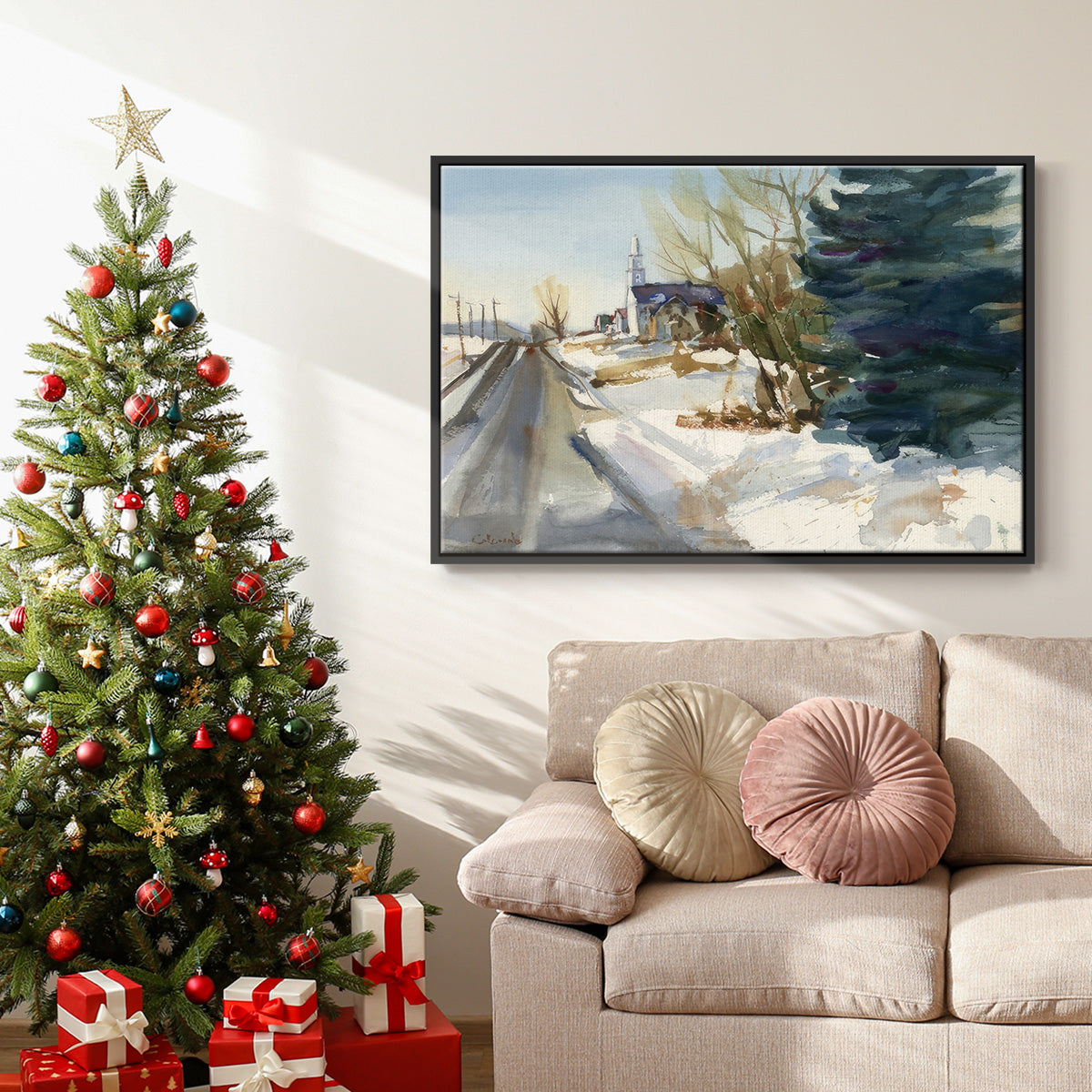 Congregational Church in Winter - Floater Framed Canvas Print