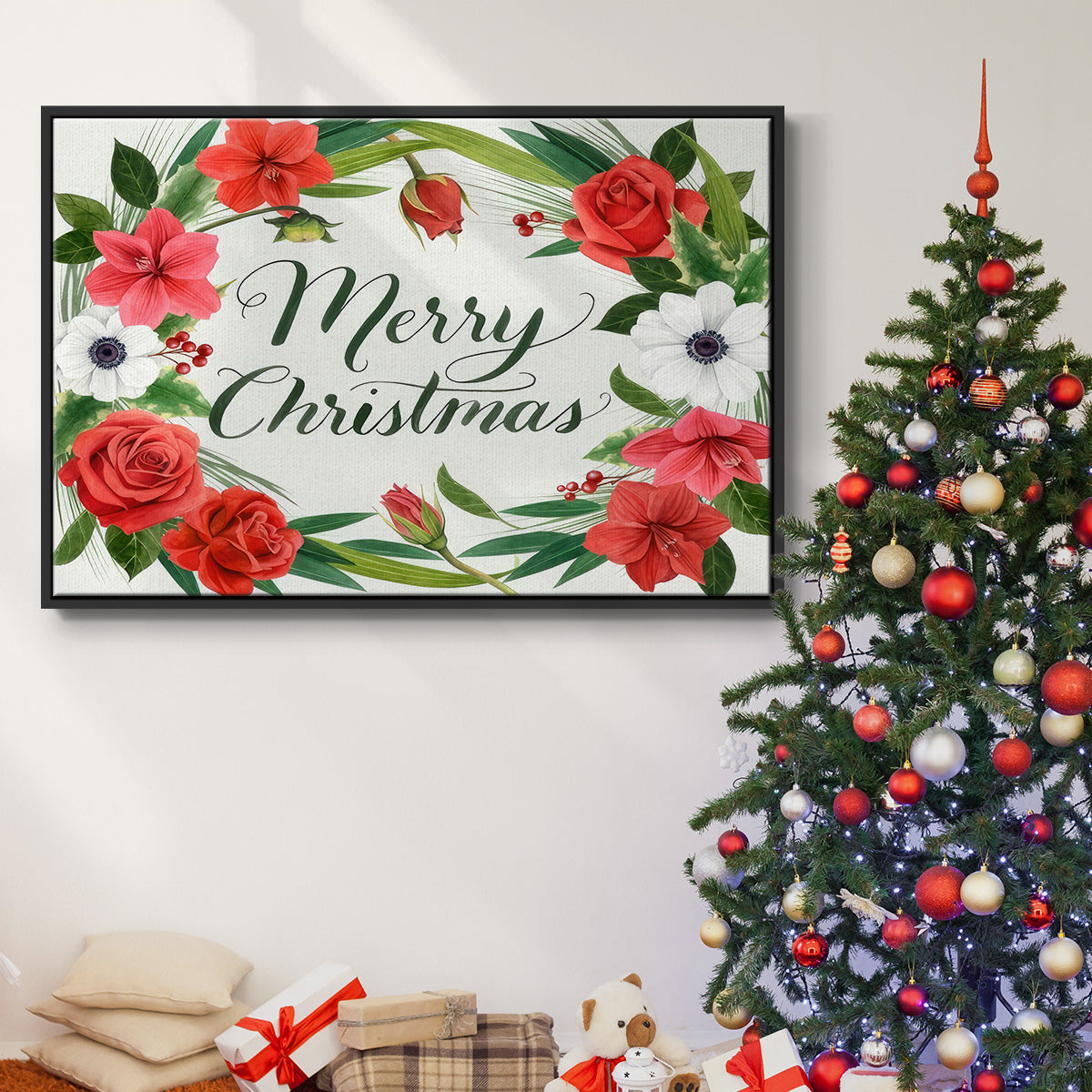 Christmas Floral Wreath Collection A - Floater Framed Canvas Print