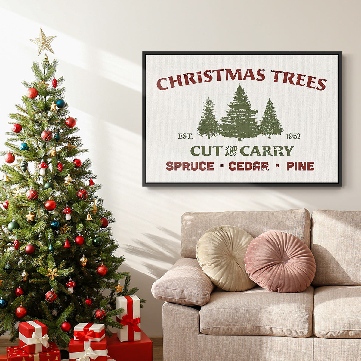 Christmas Farm Sign I - Floater Framed Canvas Print