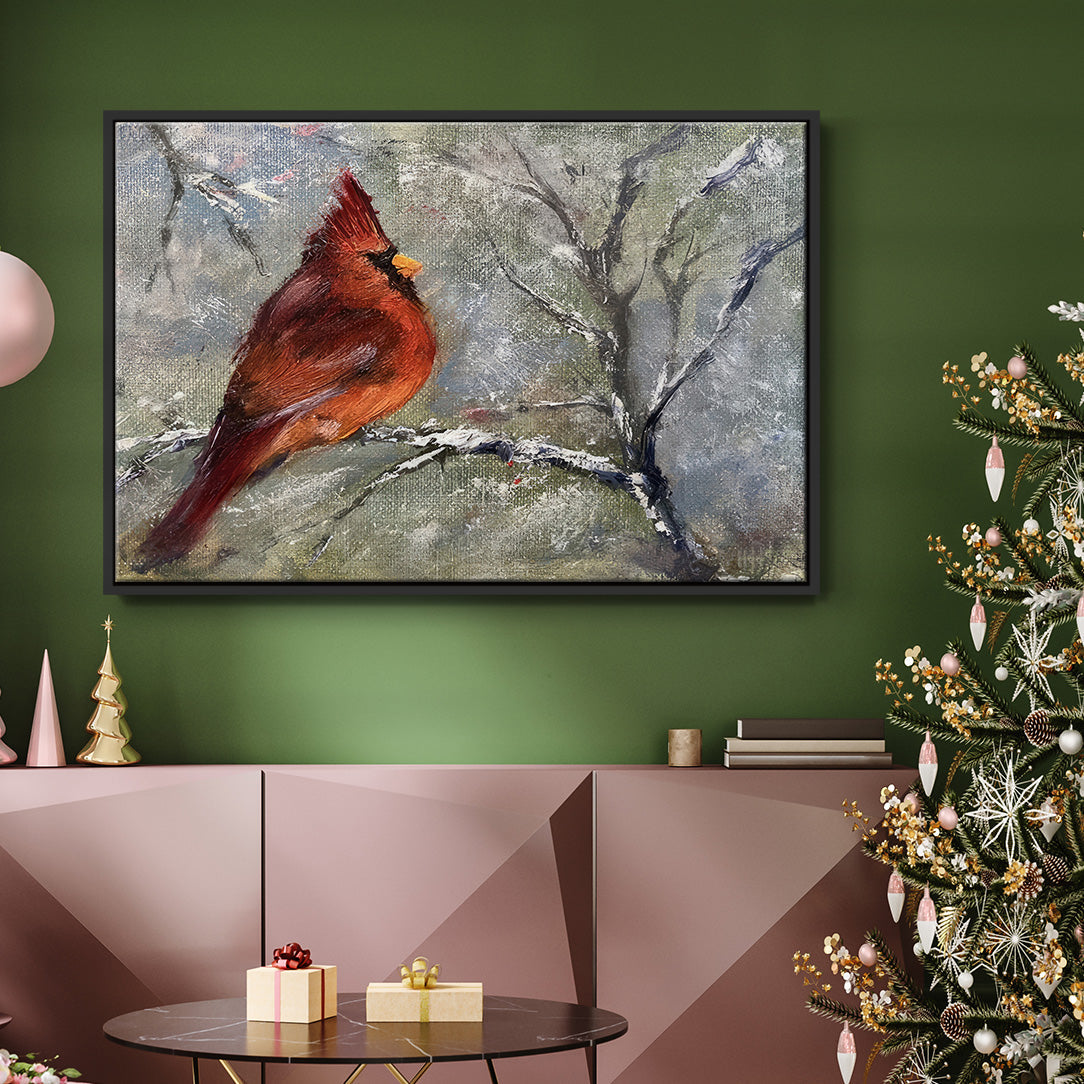 Cardinal in Snow II - Floater Framed Canvas Print