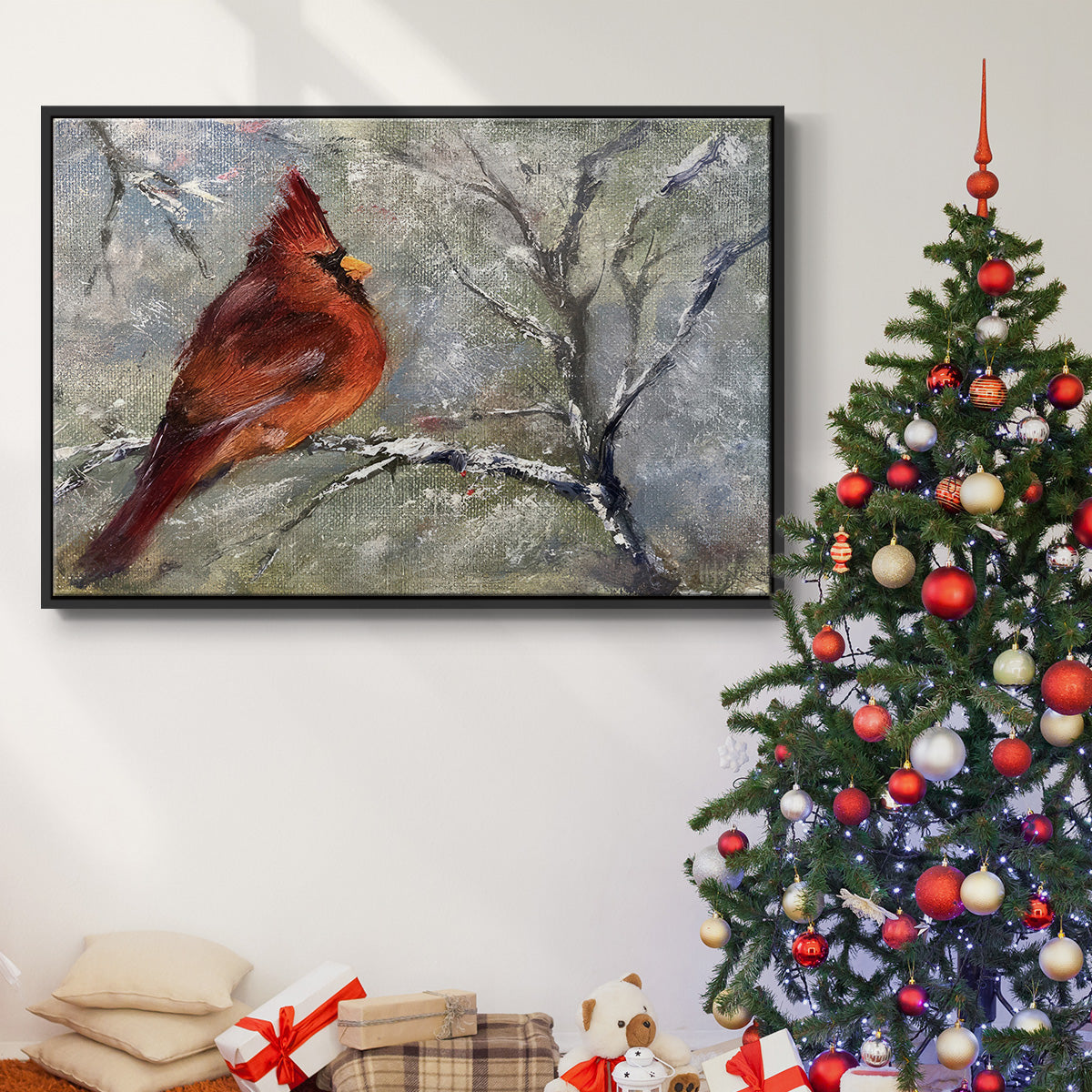 Cardinal in Snow II - Floater Framed Canvas Print