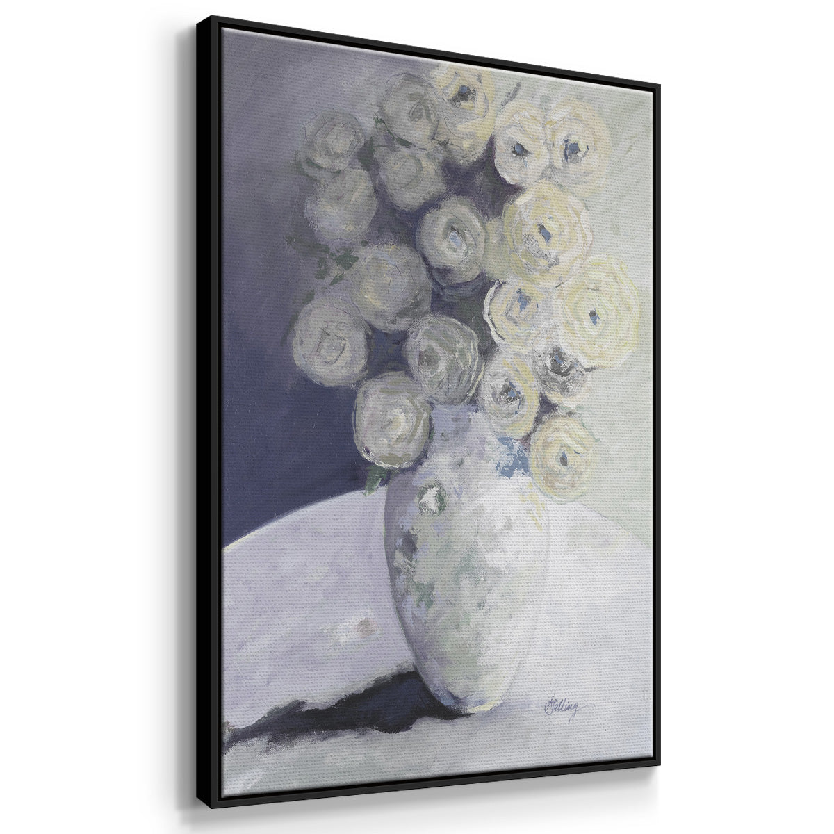 Green Vase with Yellow Flowers - Floater Framed Canvas Print