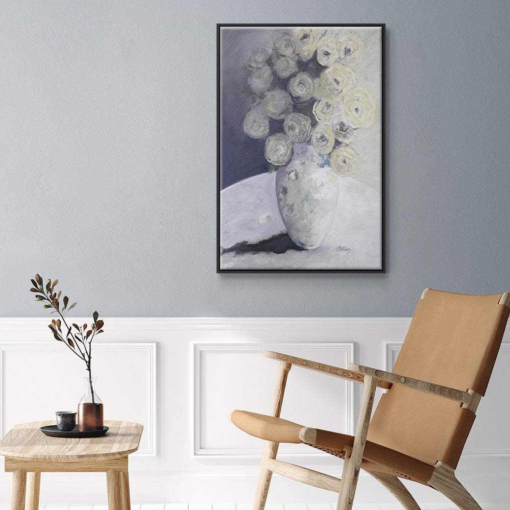 Green Vase with Yellow Flowers - Floater Framed Canvas Print