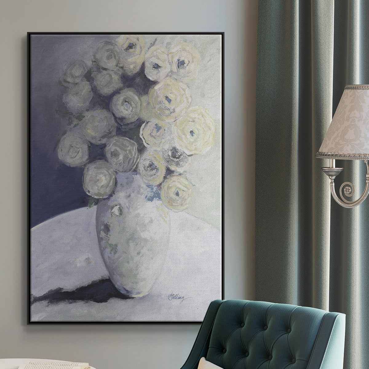 Green Vase with Yellow Flowers - Floater Framed Canvas Print