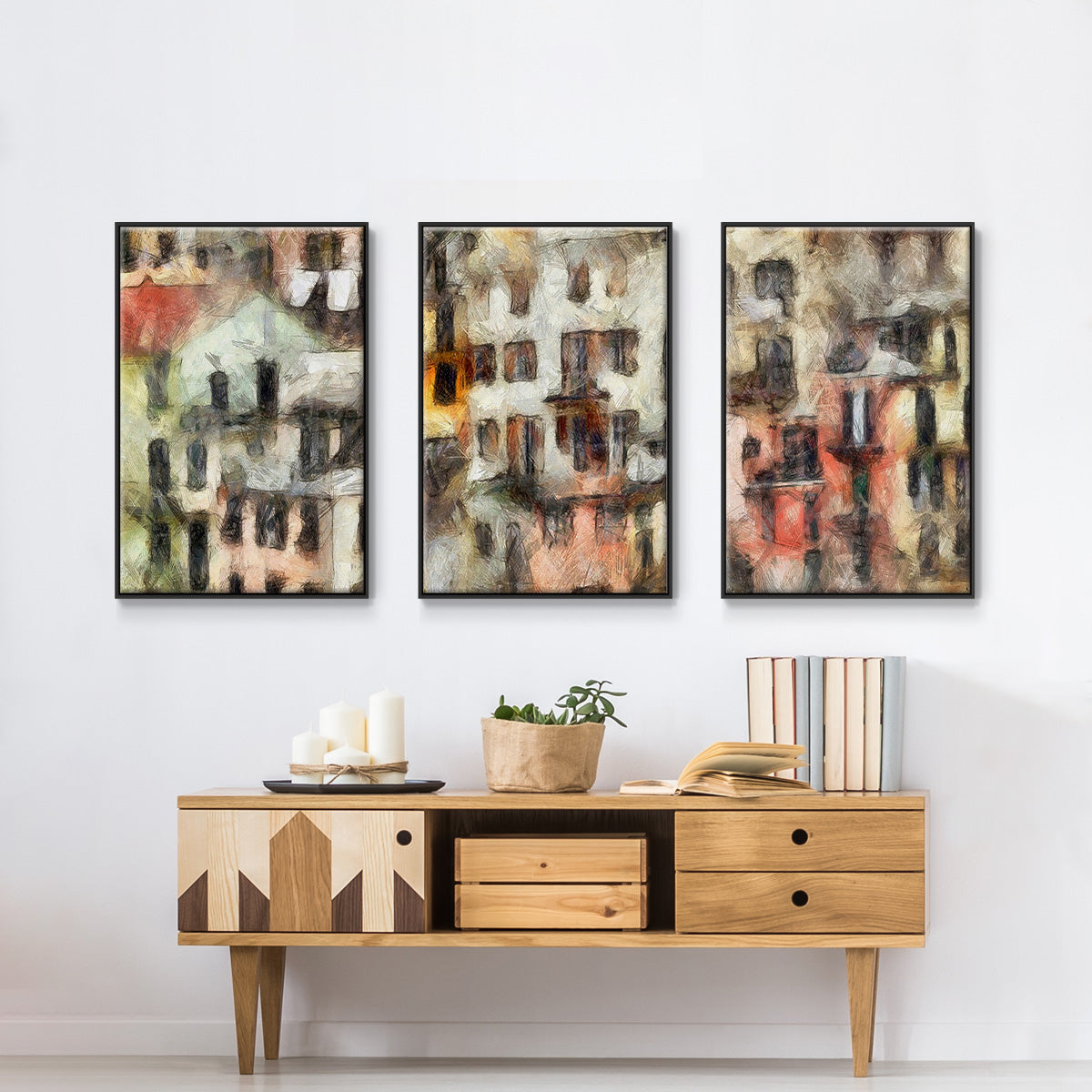 Stacked Houses I - Floater Framed Canvas Set