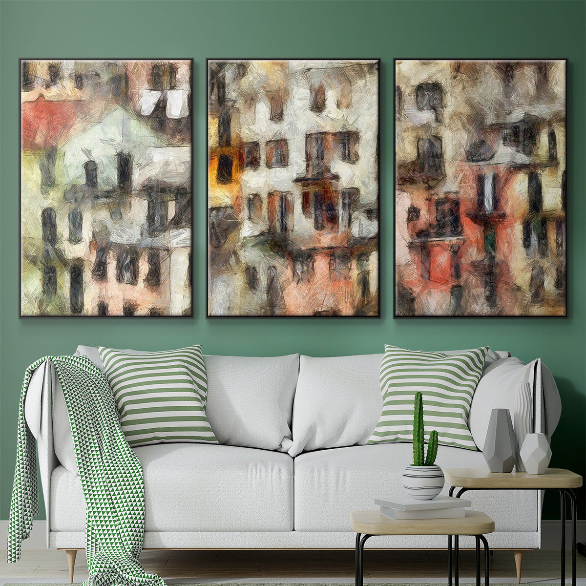 Stacked Houses I - Floater Framed Canvas Set