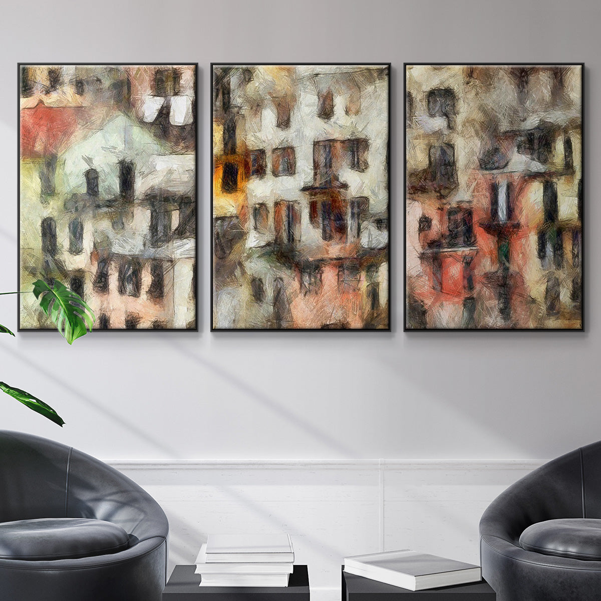 Stacked Houses I - Floater Framed Canvas Set