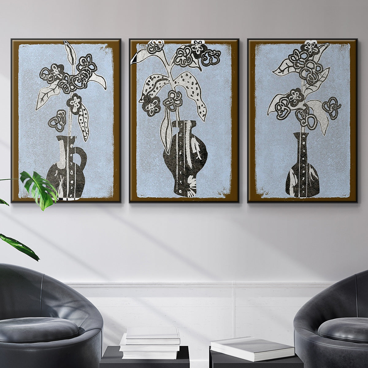 Graphic Flowers in Vase I - Floater Framed Canvas Set