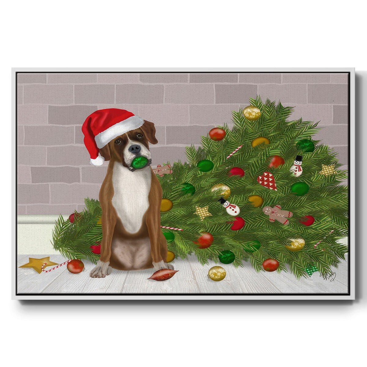 Christmas Boxer and Broken Christmas Tree - Floater Framed Canvas Print
