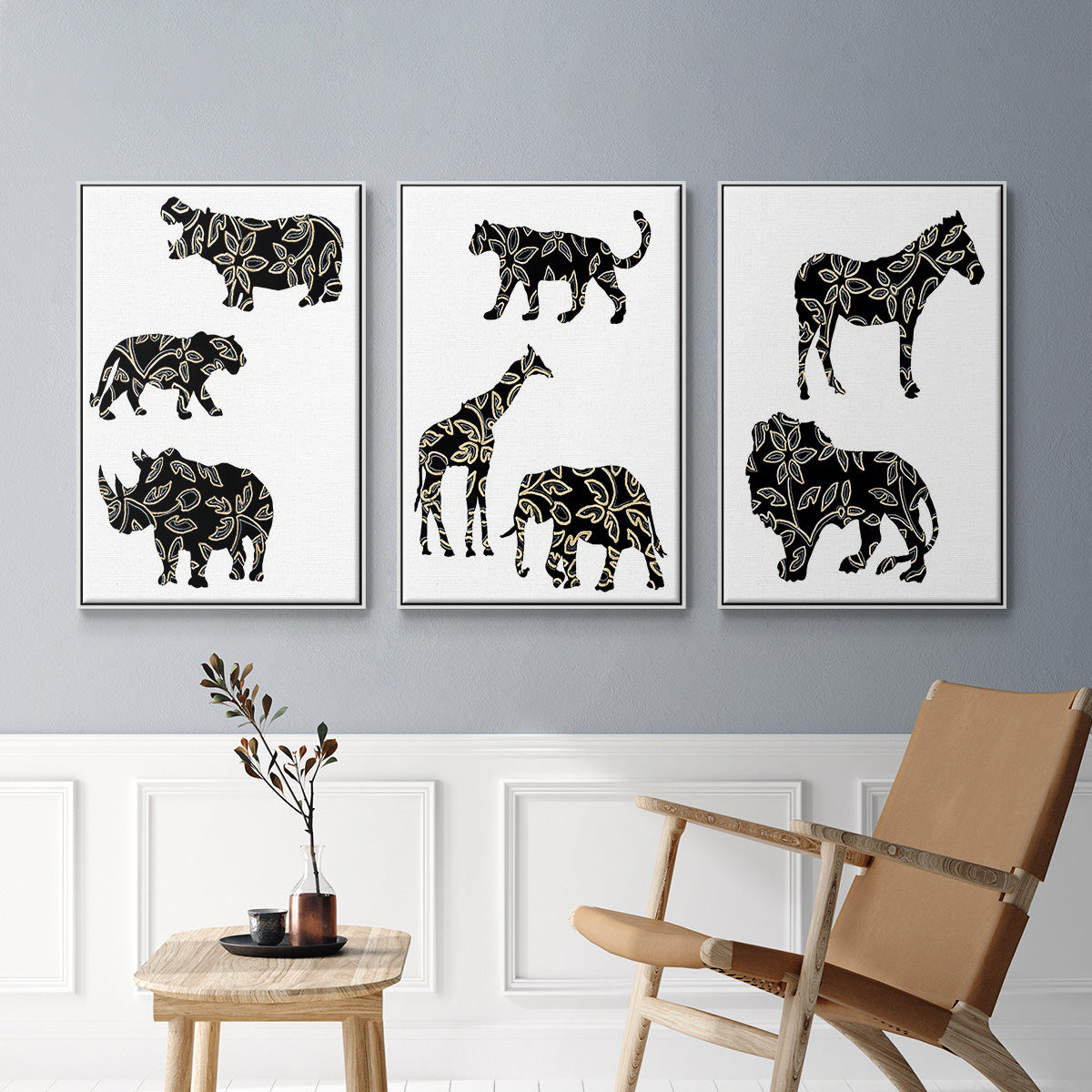 Ornamental Safari Animals I - Floater Framed Canvas Set