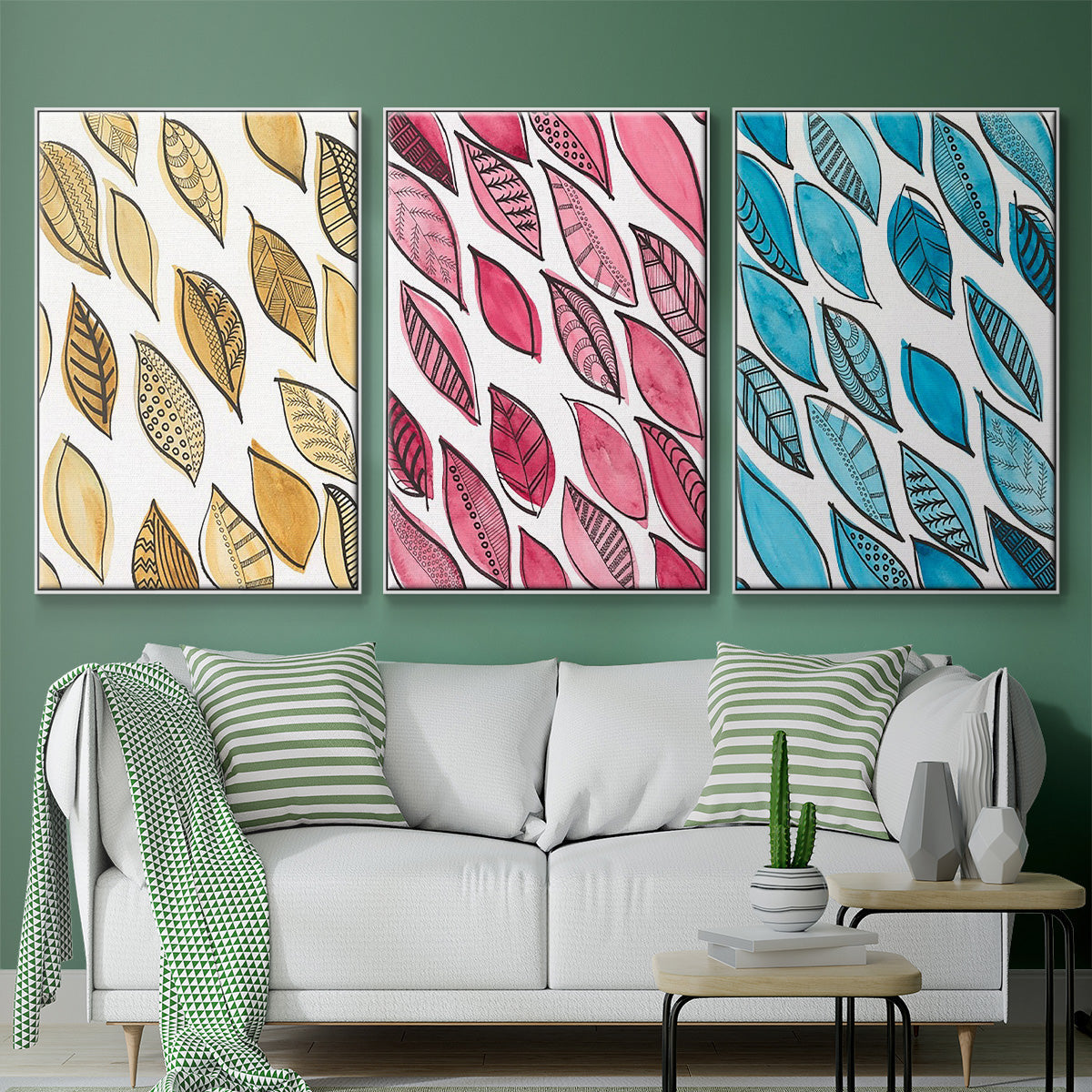 Patterned Leaf Shapes I - Floater Framed Canvas Set