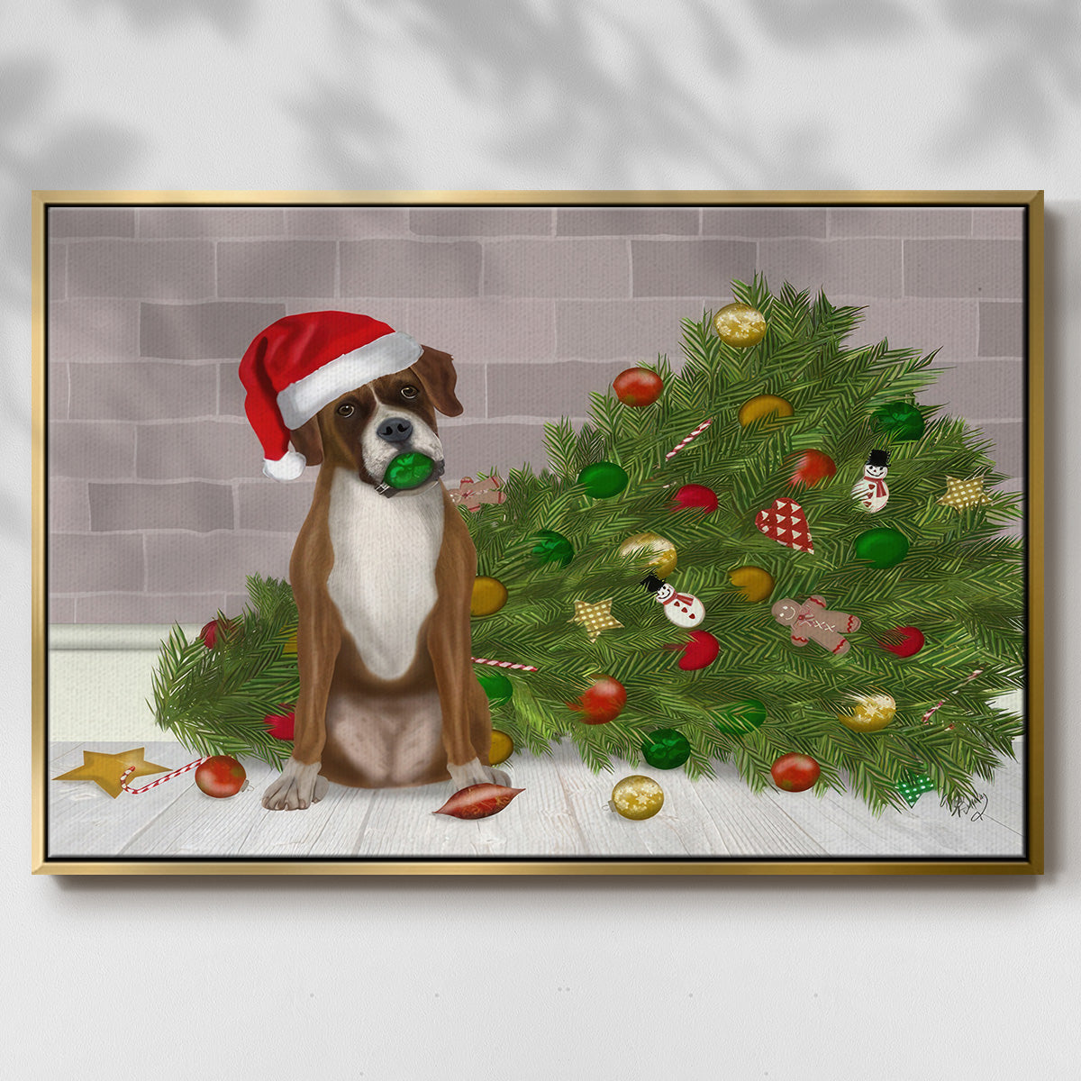 Christmas Boxer and Broken Christmas Tree - Floater Framed Canvas Print