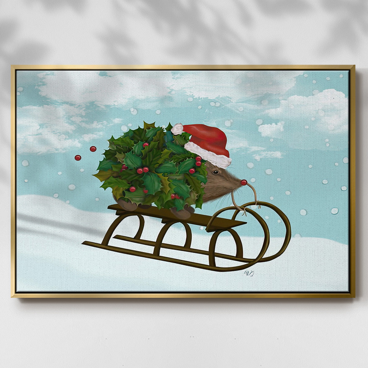 Christmas Holly Hedgehog Sledding - Floater Framed Canvas Print