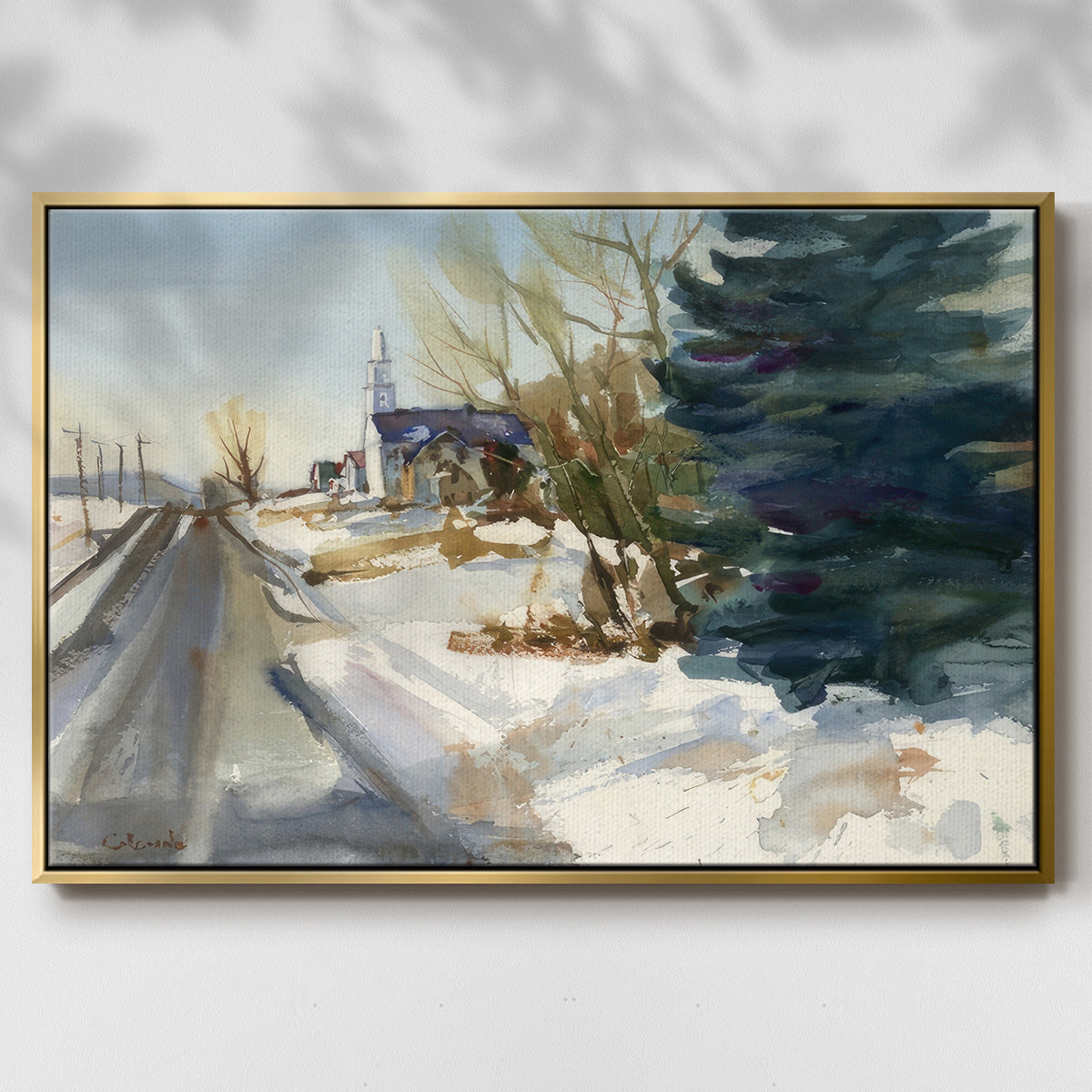 Congregational Church in Winter - Floater Framed Canvas Print