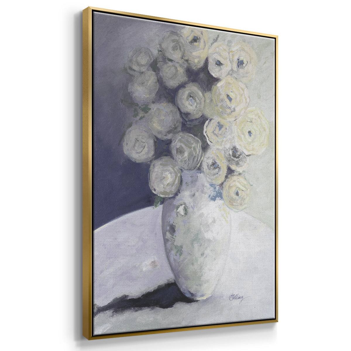 Green Vase with Yellow Flowers - Floater Framed Canvas Print