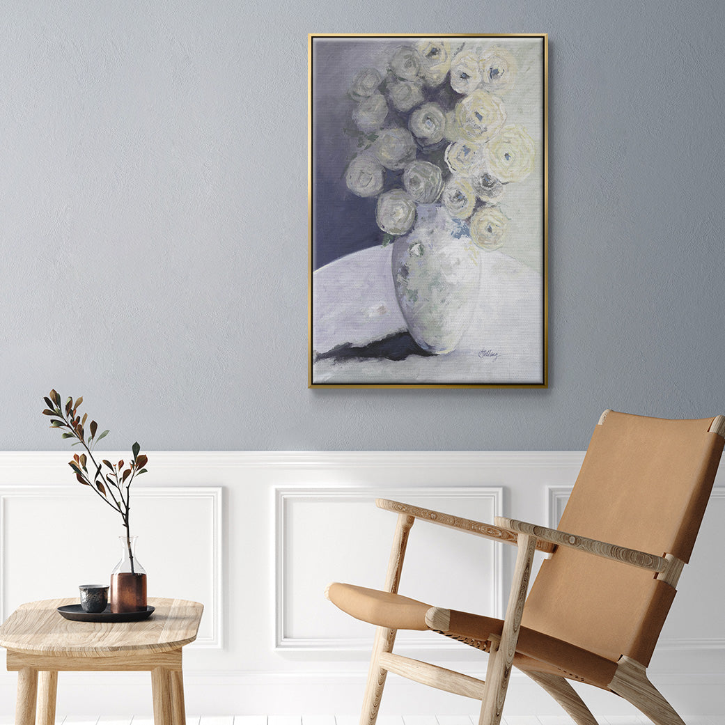Green Vase with Yellow Flowers - Floater Framed Canvas Print