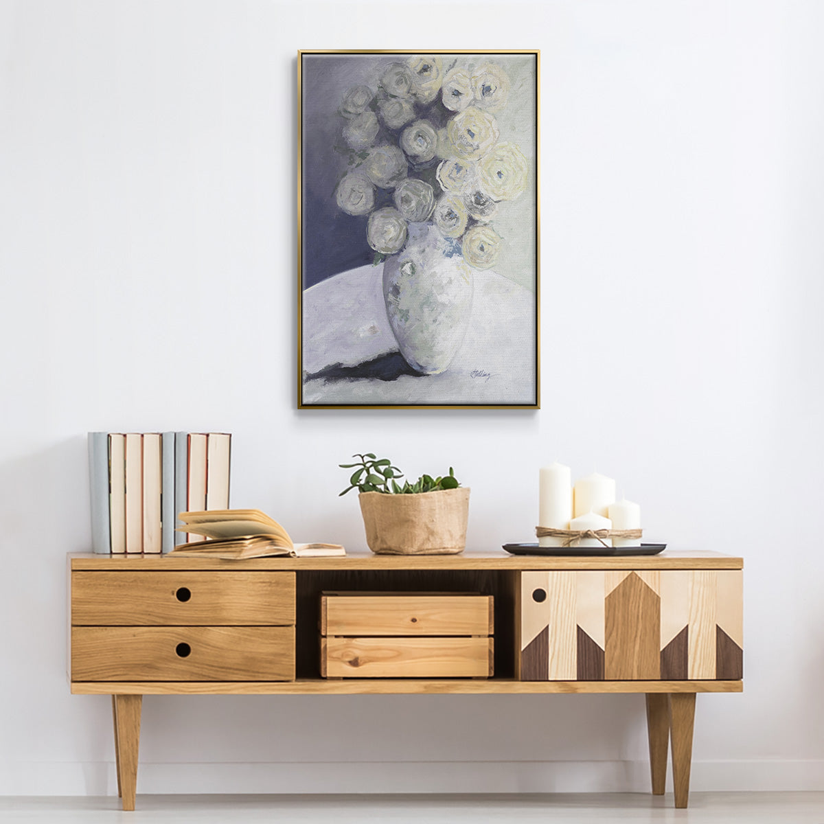 Green Vase with Yellow Flowers - Floater Framed Canvas Print
