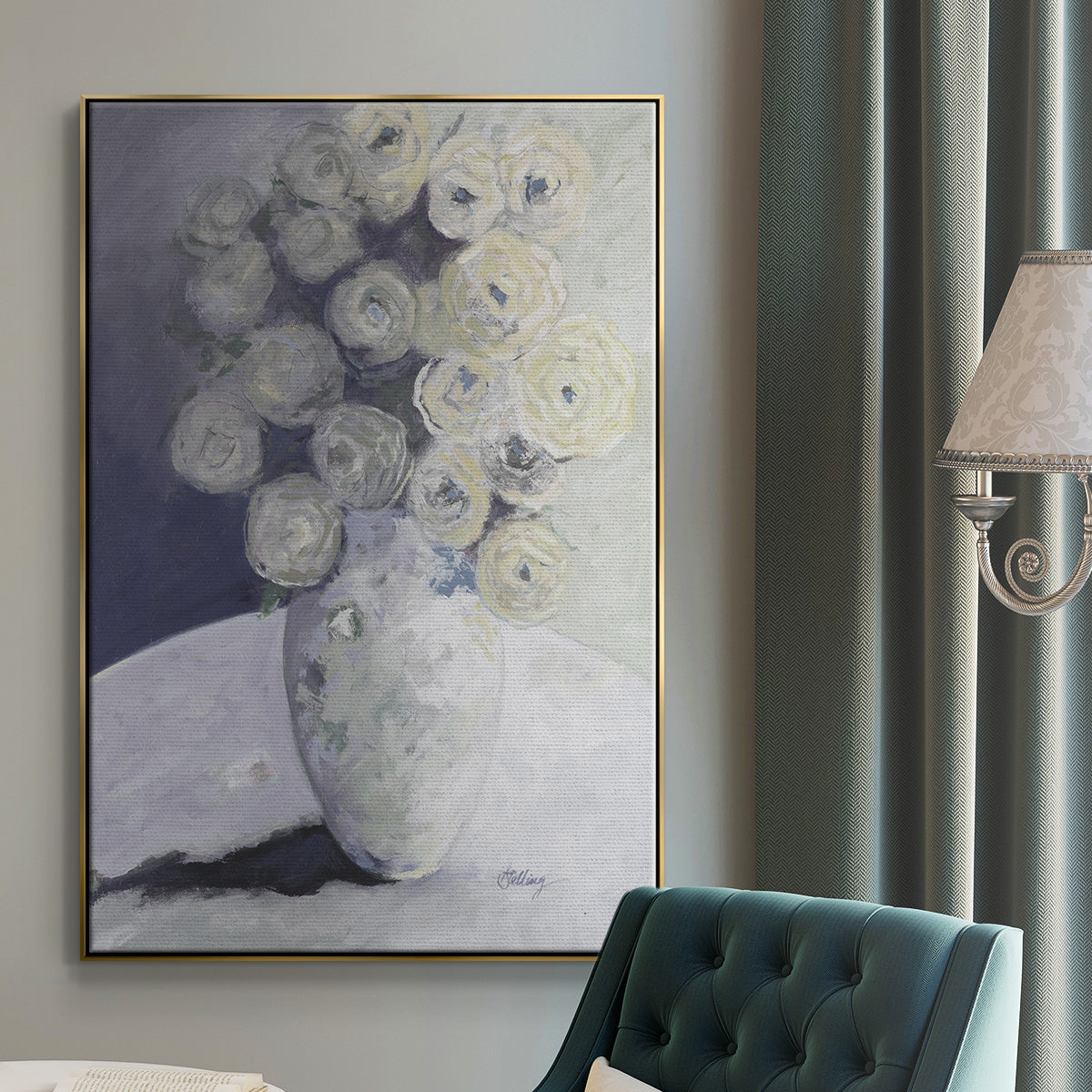 Green Vase with Yellow Flowers - Floater Framed Canvas Print