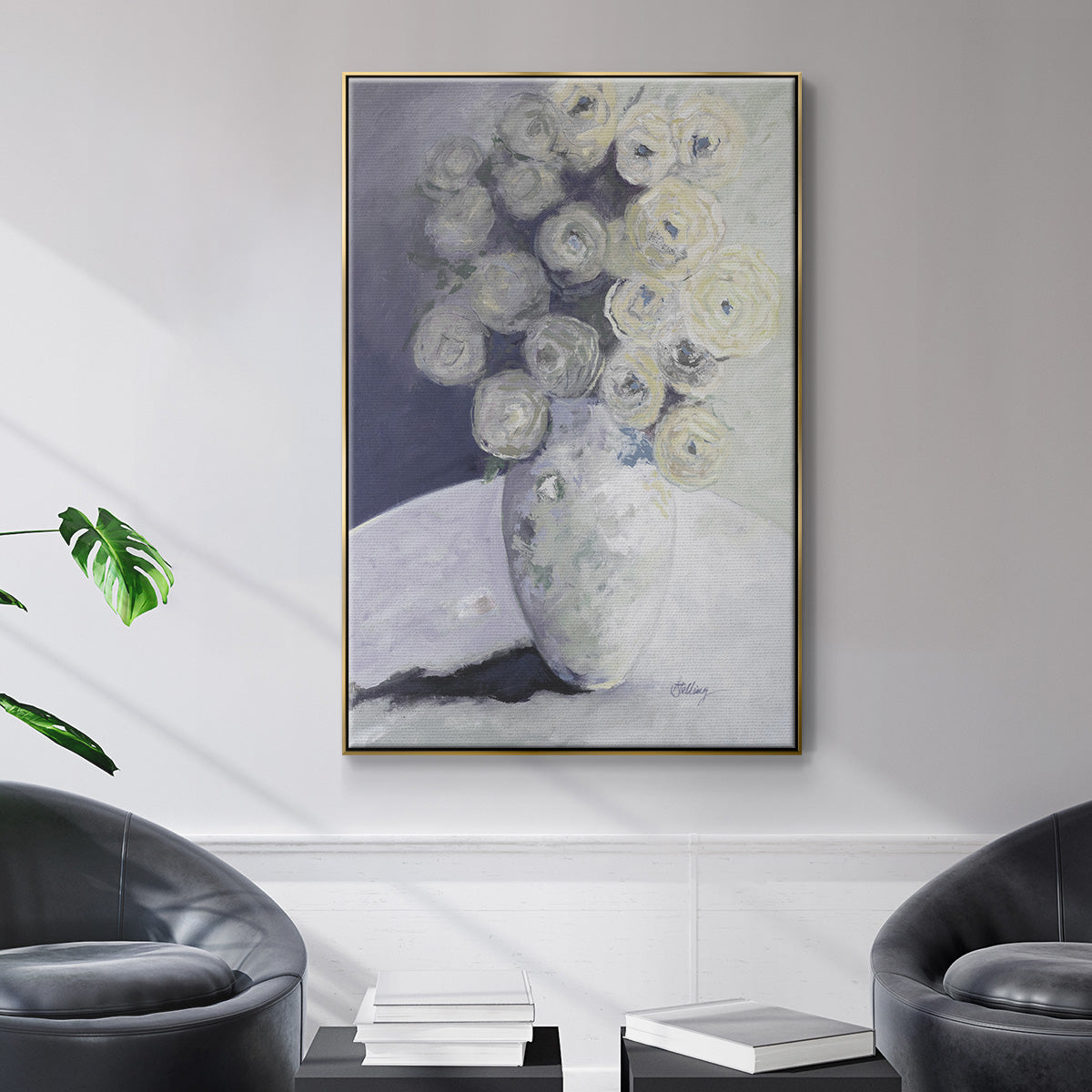 Green Vase with Yellow Flowers - Floater Framed Canvas Print