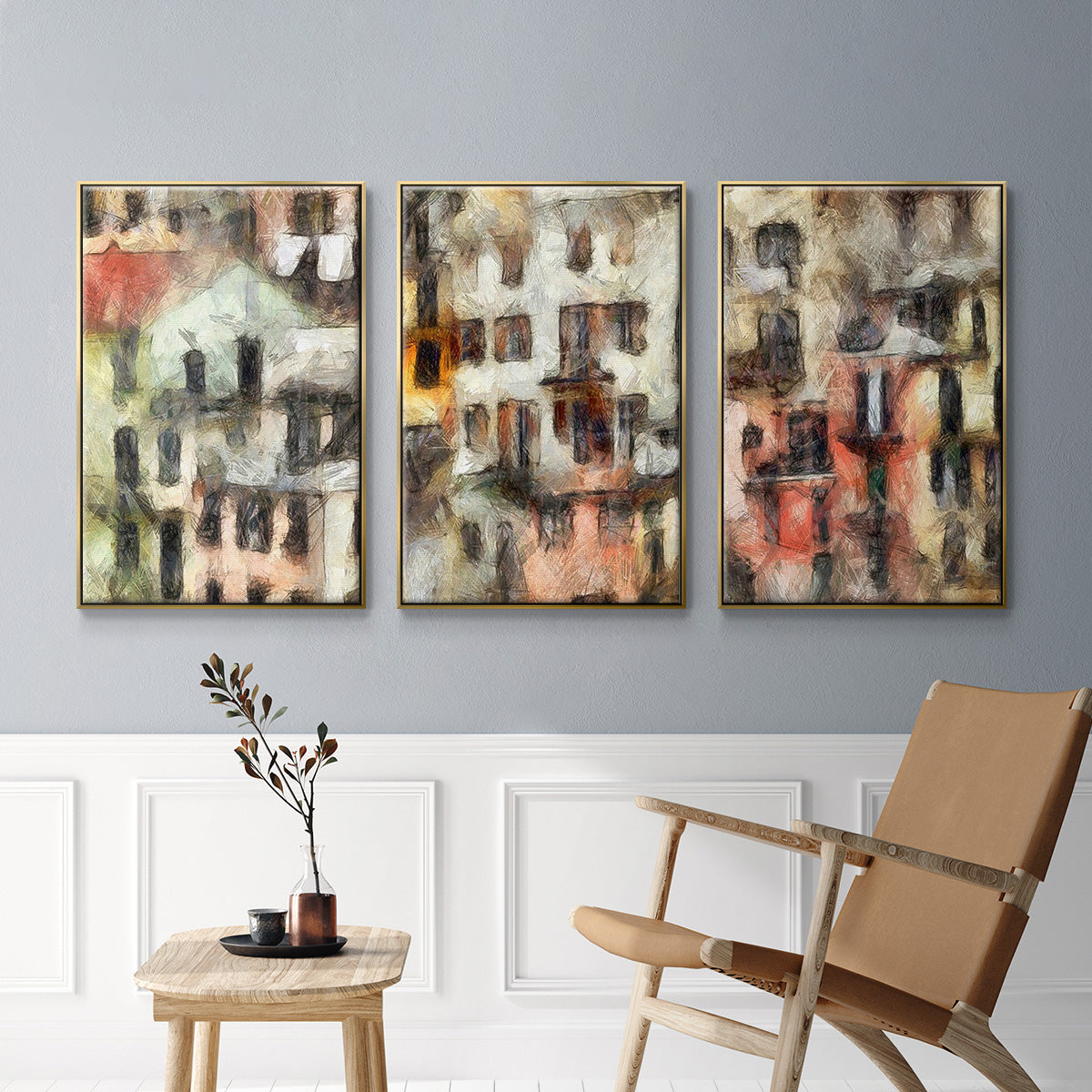 Stacked Houses I - Floater Framed Canvas Set