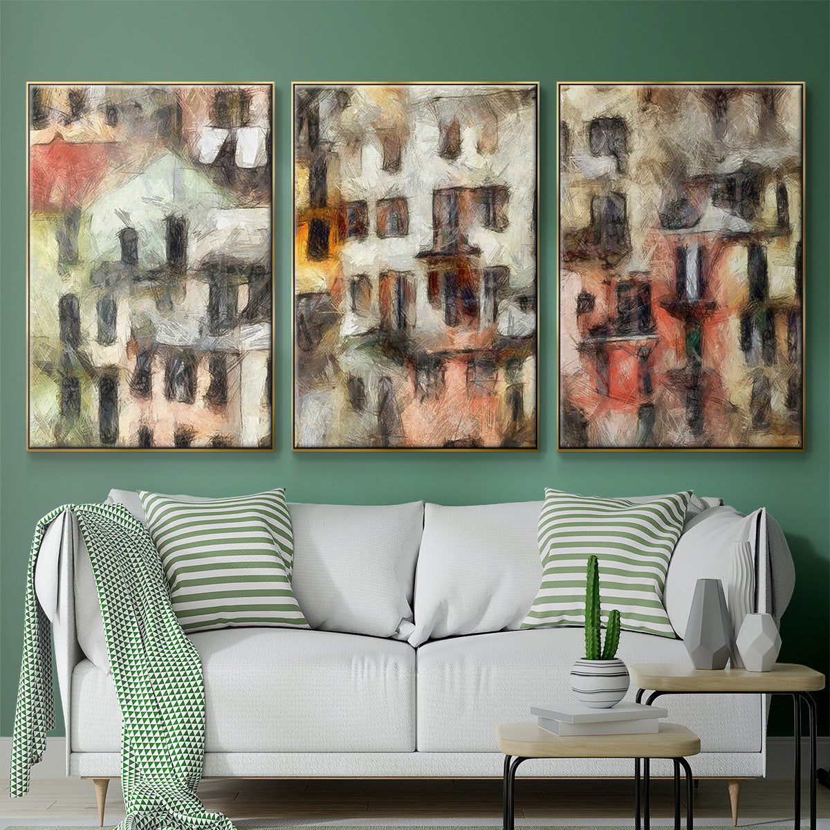 Stacked Houses I - Floater Framed Canvas Set
