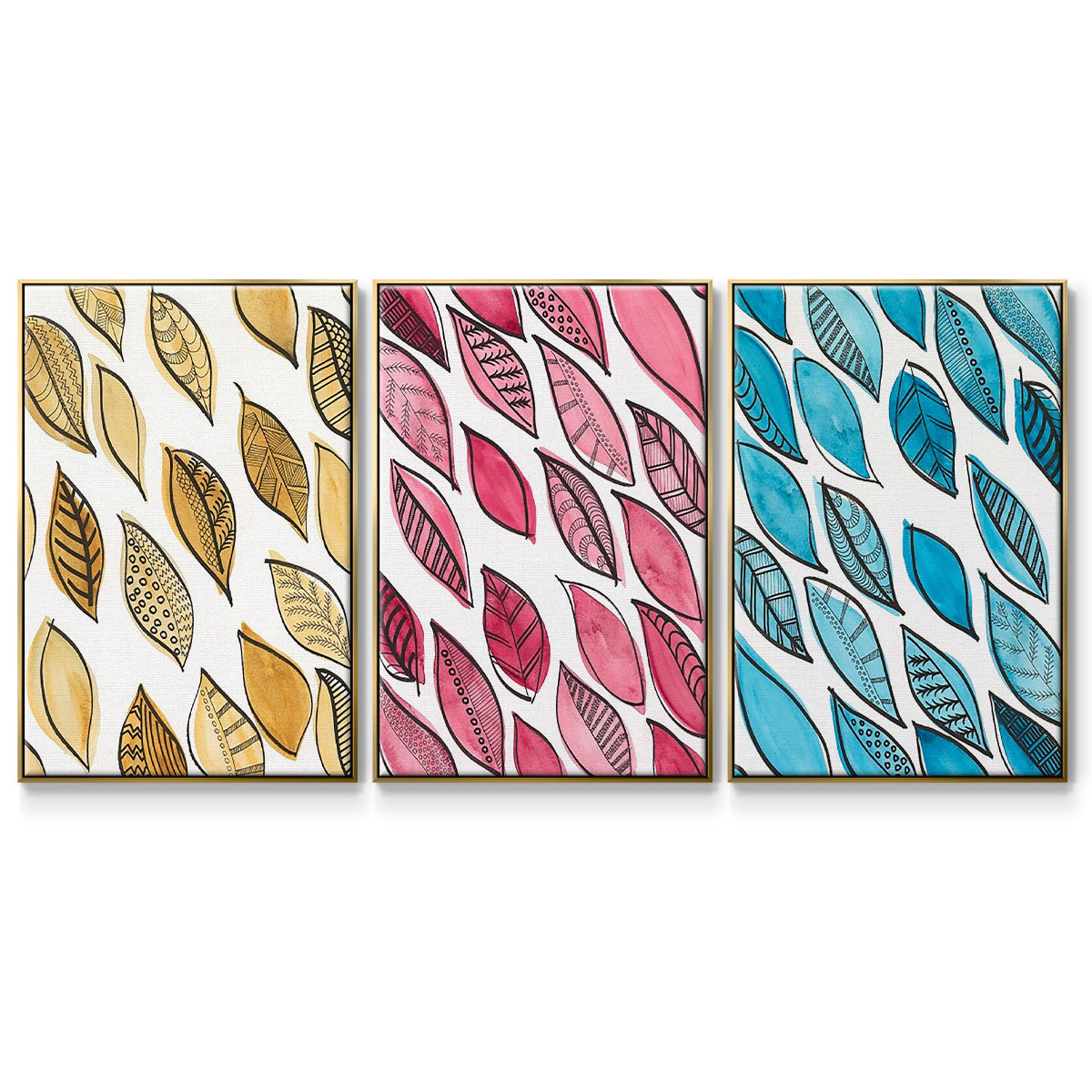 Patterned Leaf Shapes I - Floater Framed Canvas Set