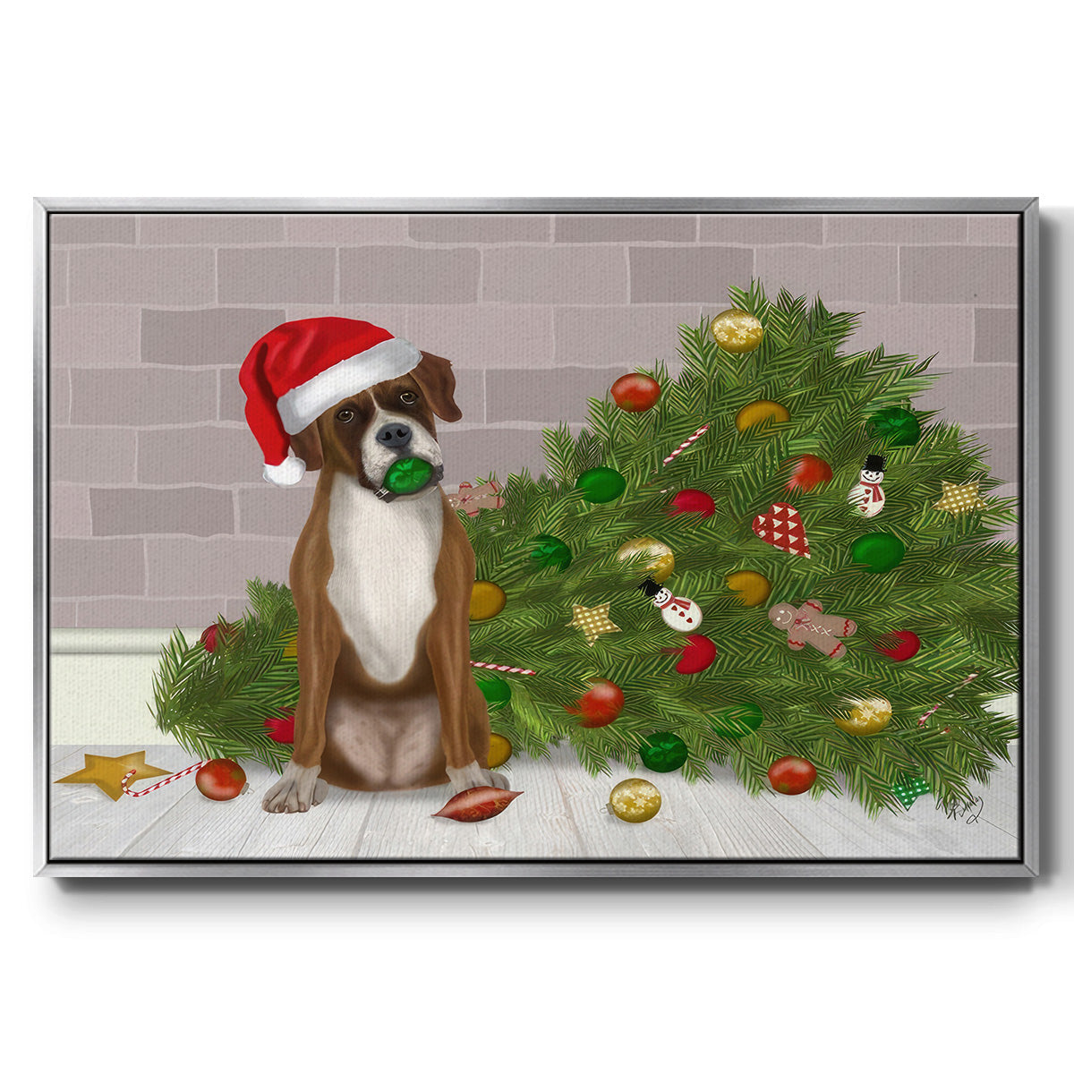 Christmas Boxer and Broken Christmas Tree - Floater Framed Canvas Print