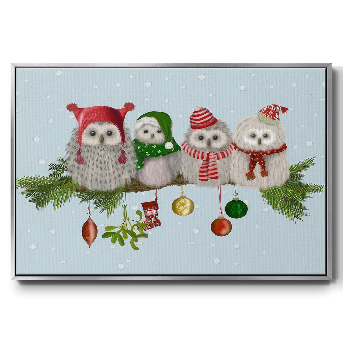 Fluffy Christmas Owls on Branch - Floater Framed Canvas Print