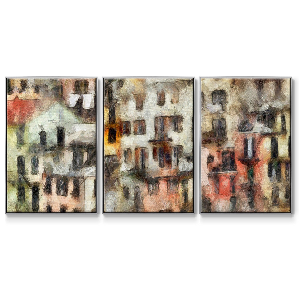 Stacked Houses I - Floater Framed Canvas Set