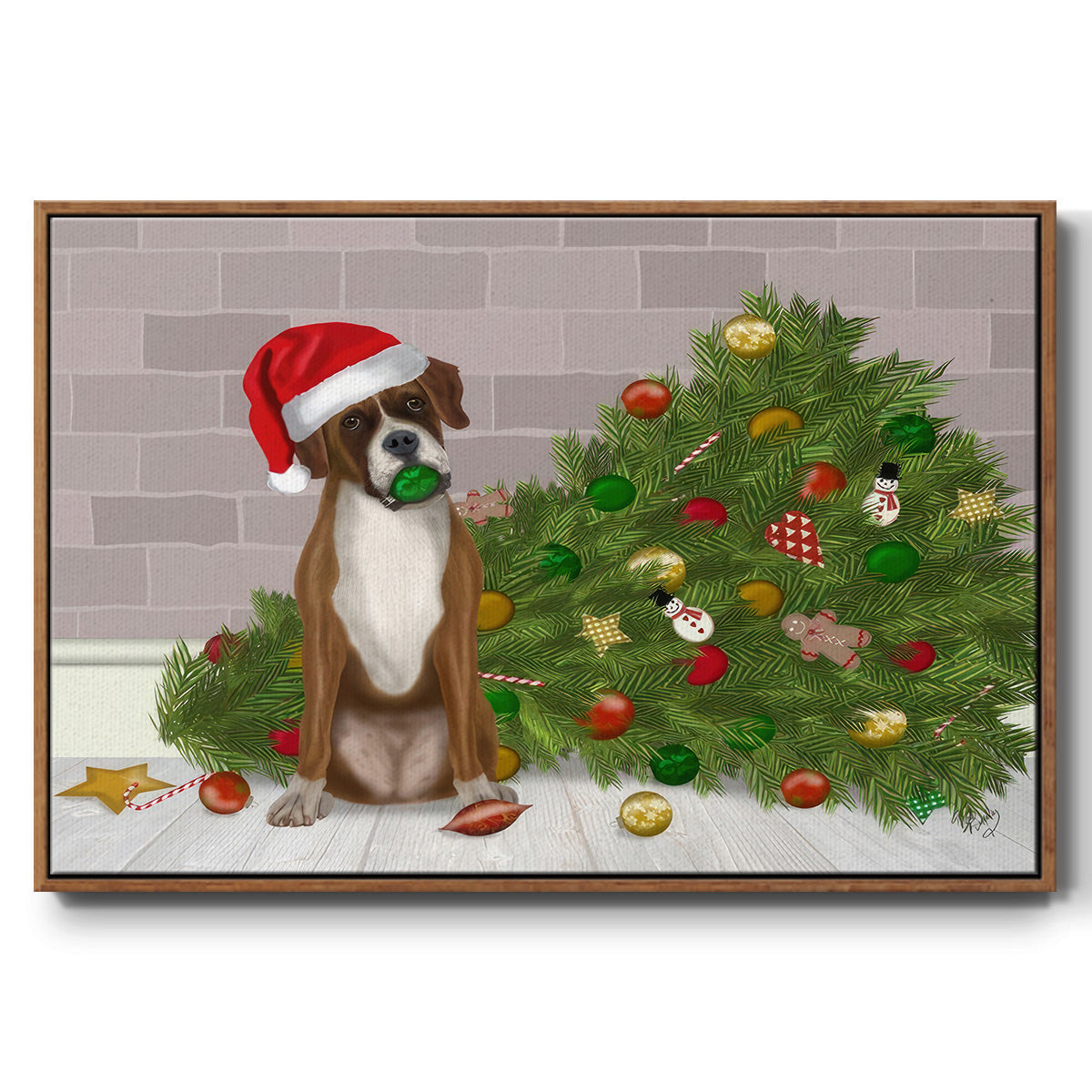 Christmas Boxer and Broken Christmas Tree - Floater Framed Canvas Print