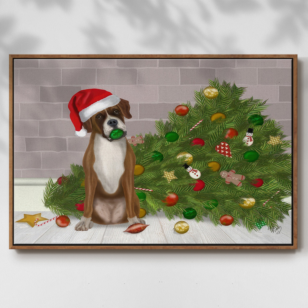 Christmas Boxer and Broken Christmas Tree - Floater Framed Canvas Print
