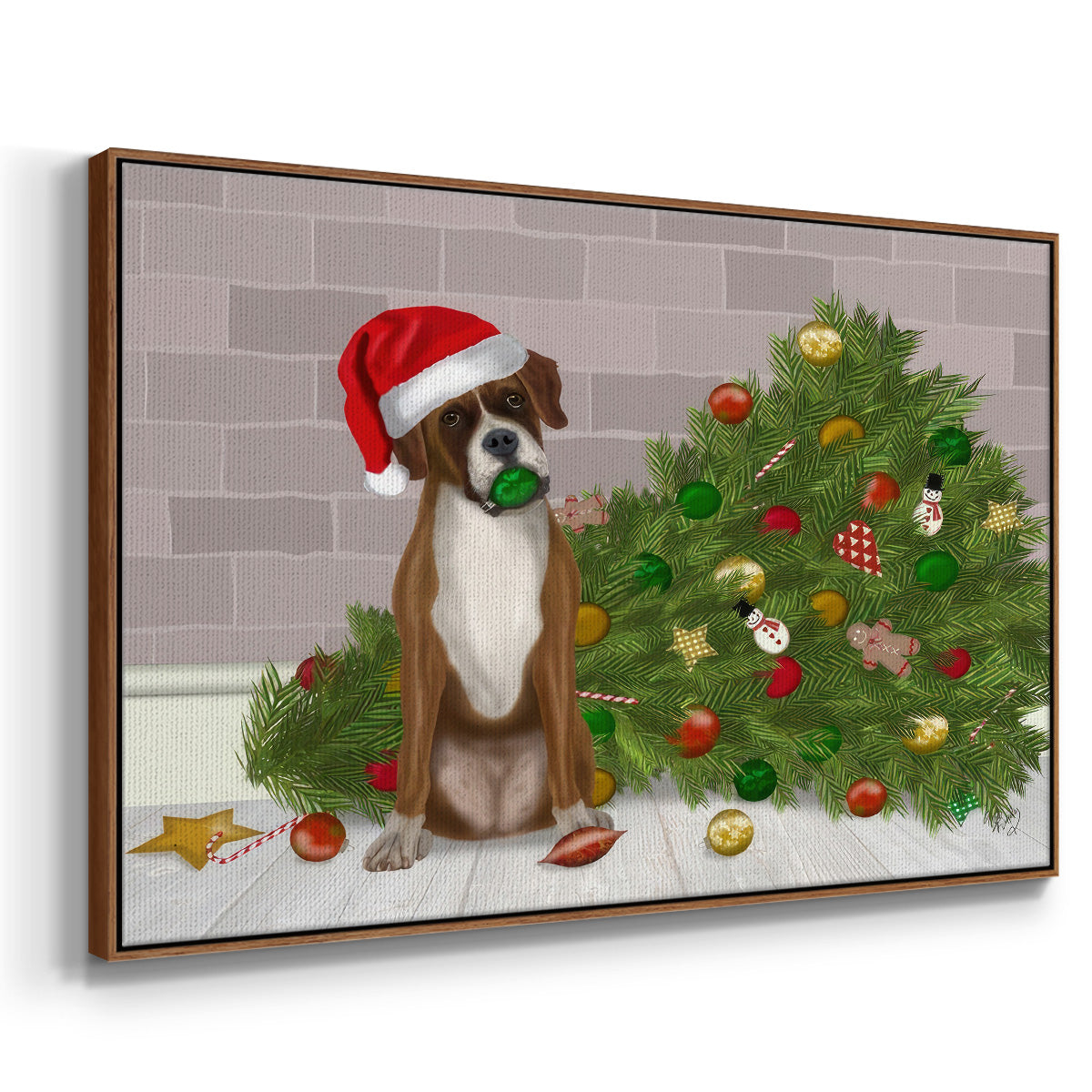 Christmas Boxer and Broken Christmas Tree - Floater Framed Canvas Print