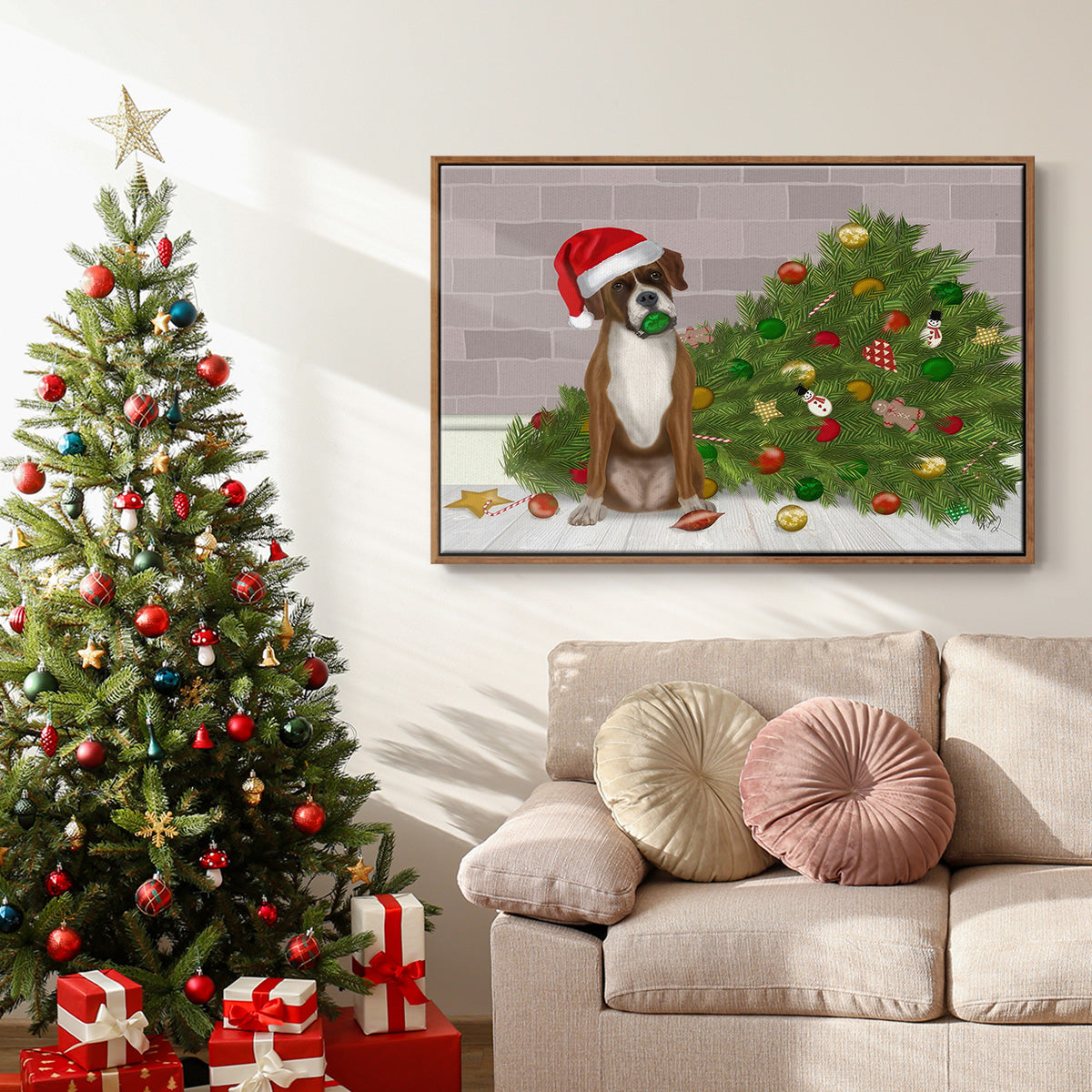 Christmas Boxer and Broken Christmas Tree - Floater Framed Canvas Print