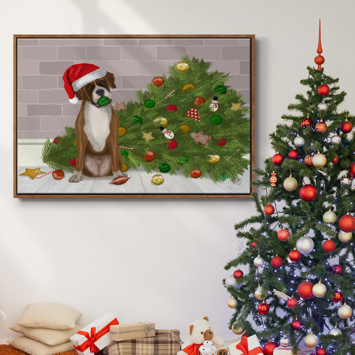 Christmas Boxer and Broken Christmas Tree - Floater Framed Canvas Print