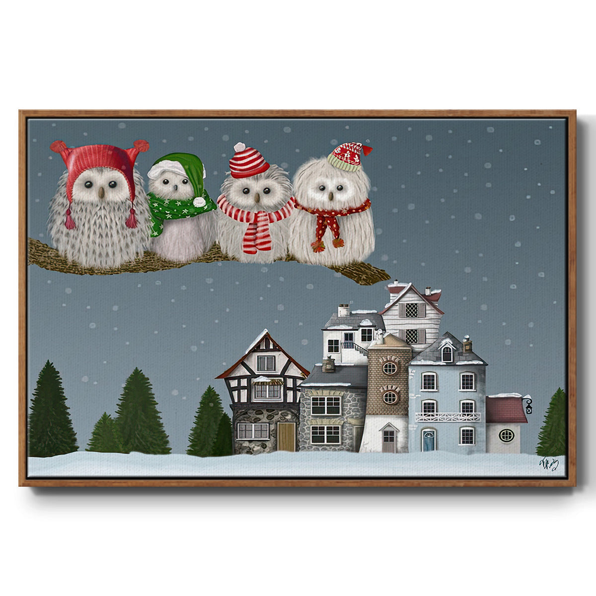 Christmas Owl Village - Floater Framed Canvas Print