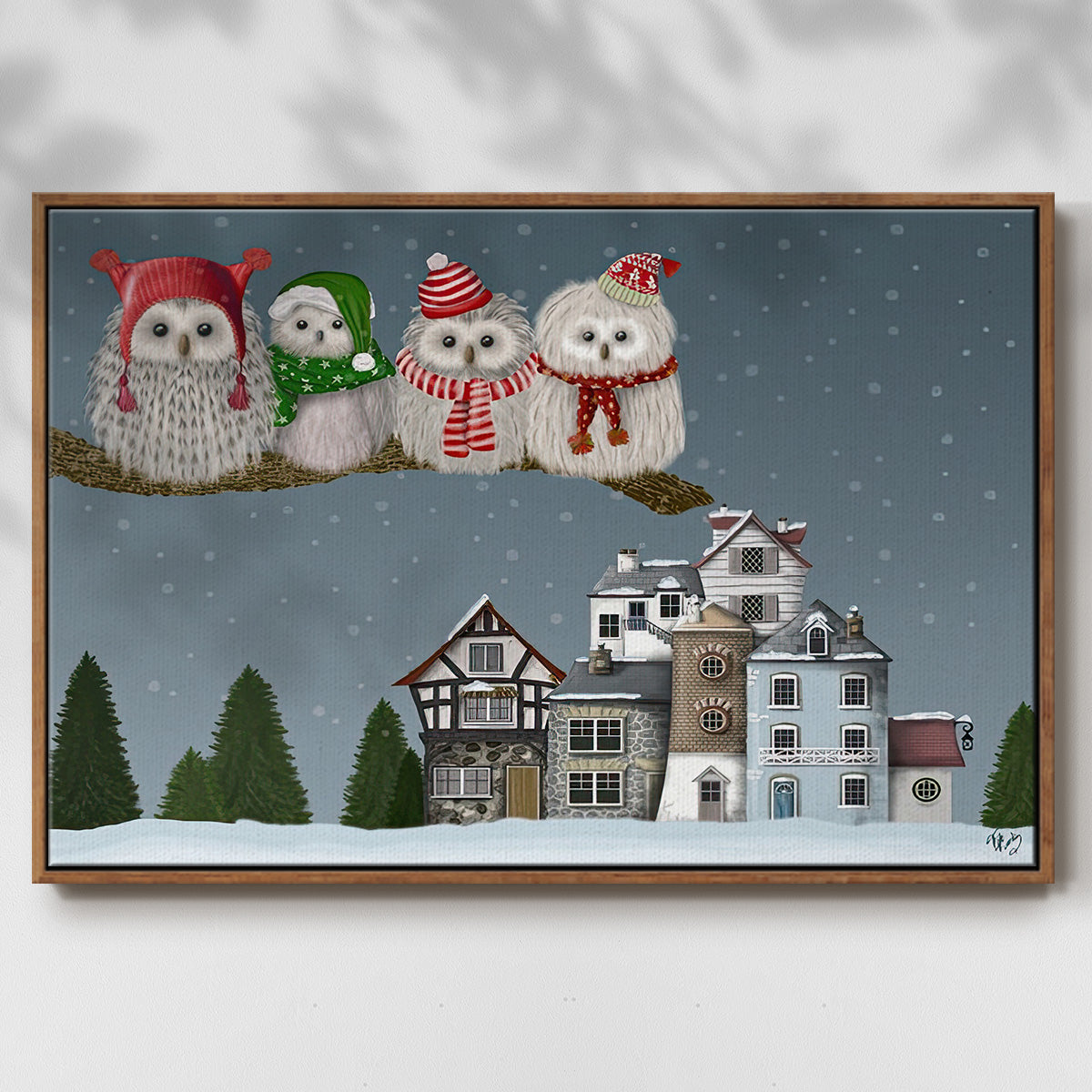 Christmas Owl Village - Floater Framed Canvas Print