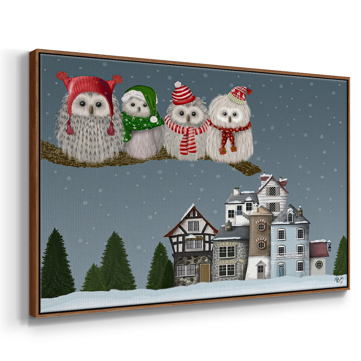 Christmas Owl Village - Floater Framed Canvas Print