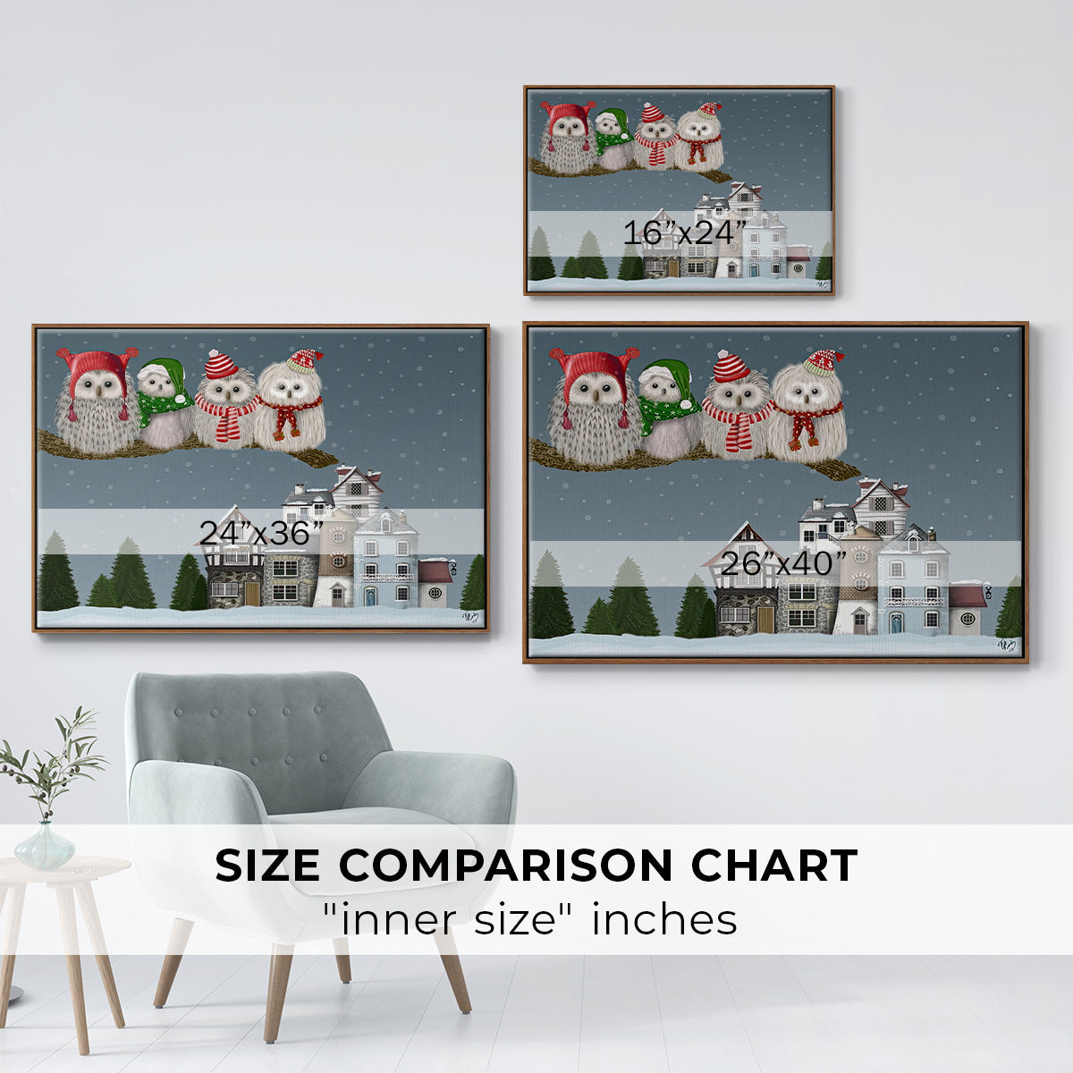 Christmas Owl Village - Floater Framed Canvas Print