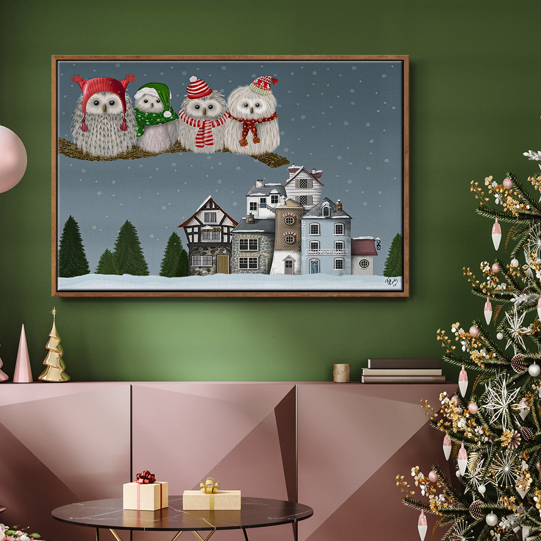 Christmas Owl Village - Floater Framed Canvas Print