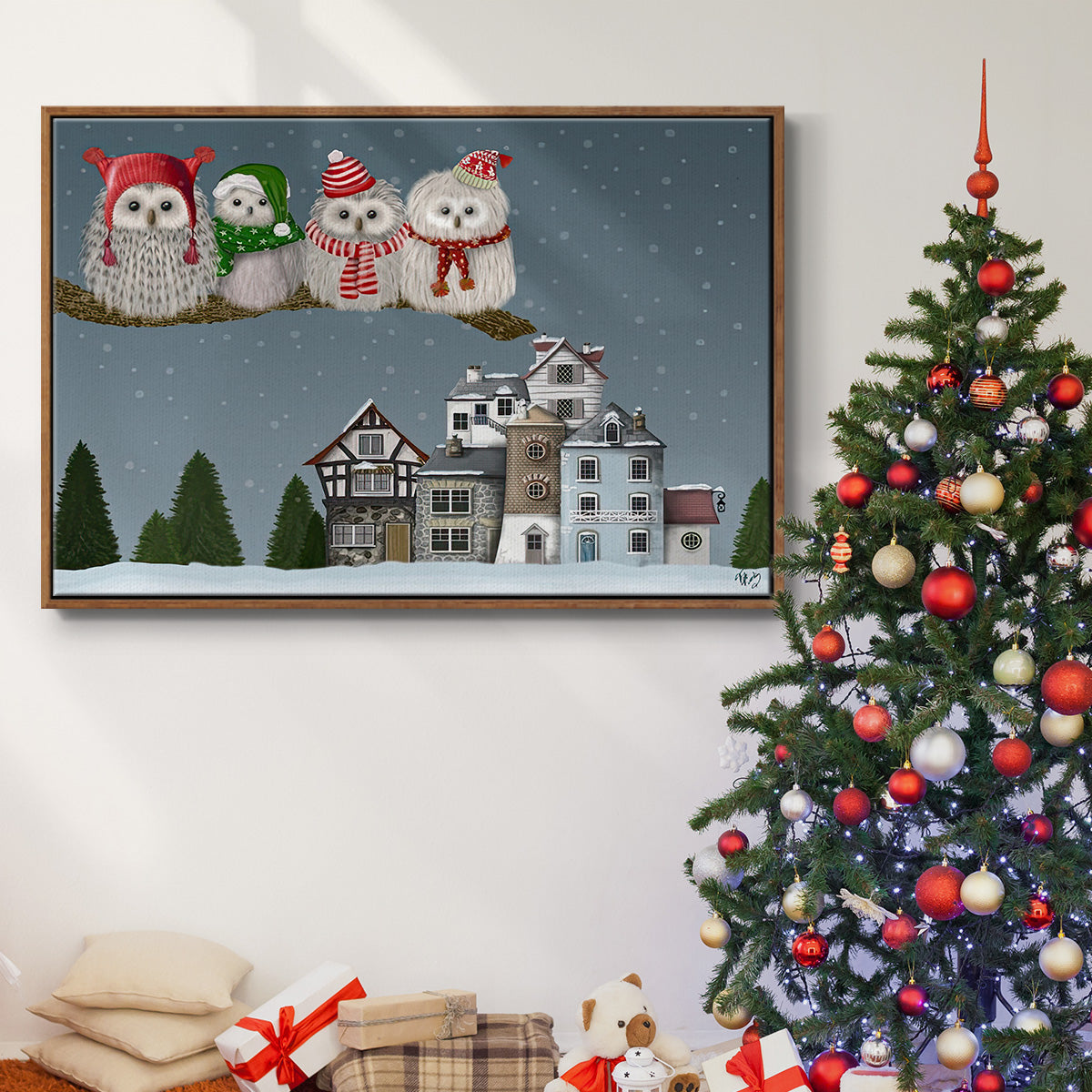 Christmas Owl Village - Floater Framed Canvas Print