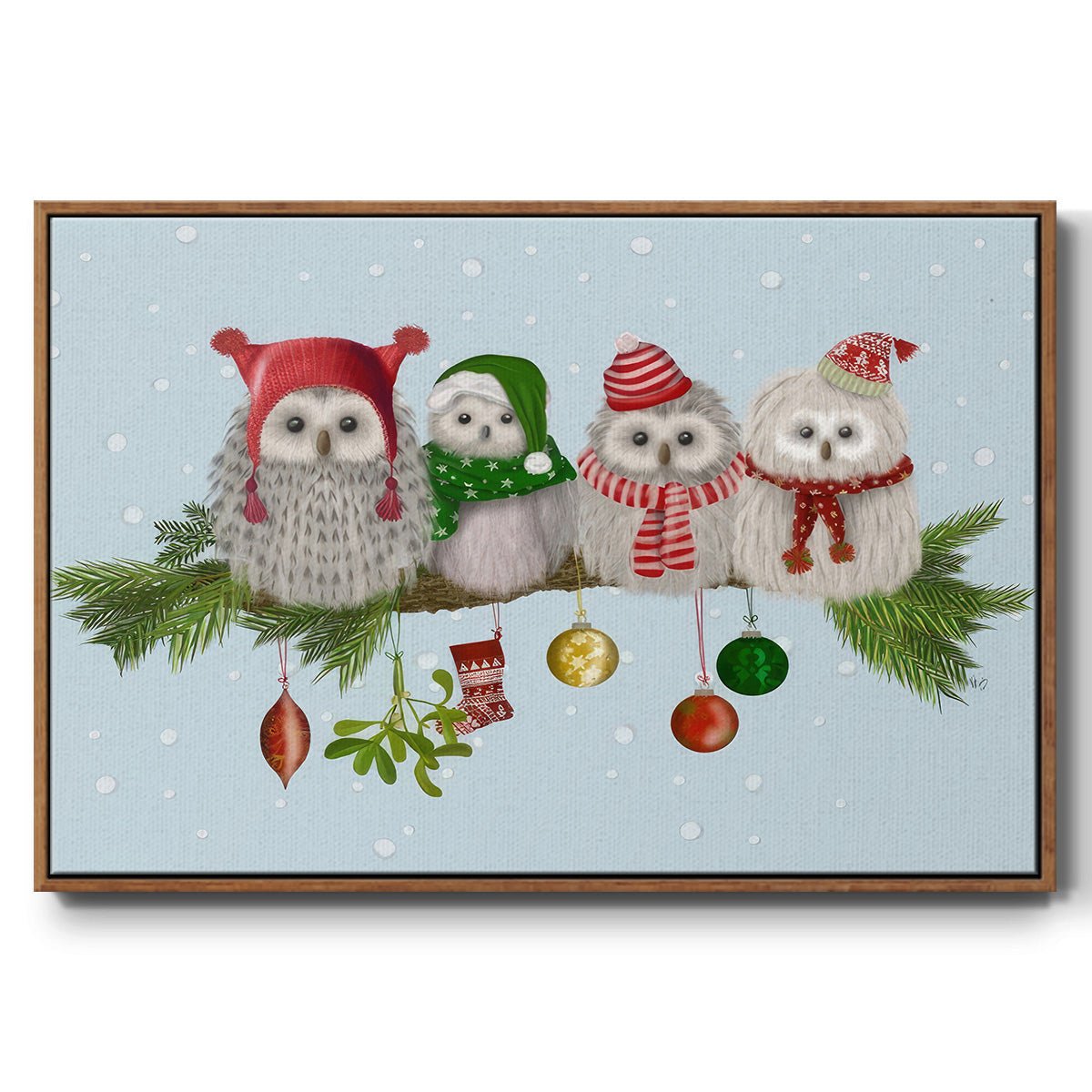 Fluffy Christmas Owls on Branch - Floater Framed Canvas Print