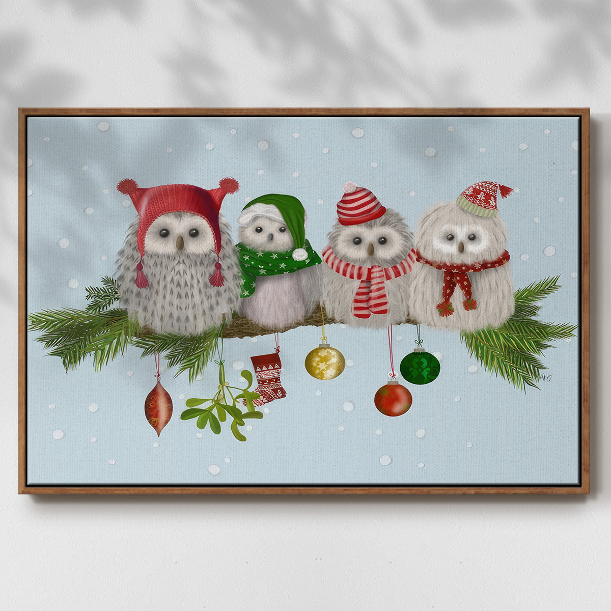 Fluffy Christmas Owls on Branch - Floater Framed Canvas Print
