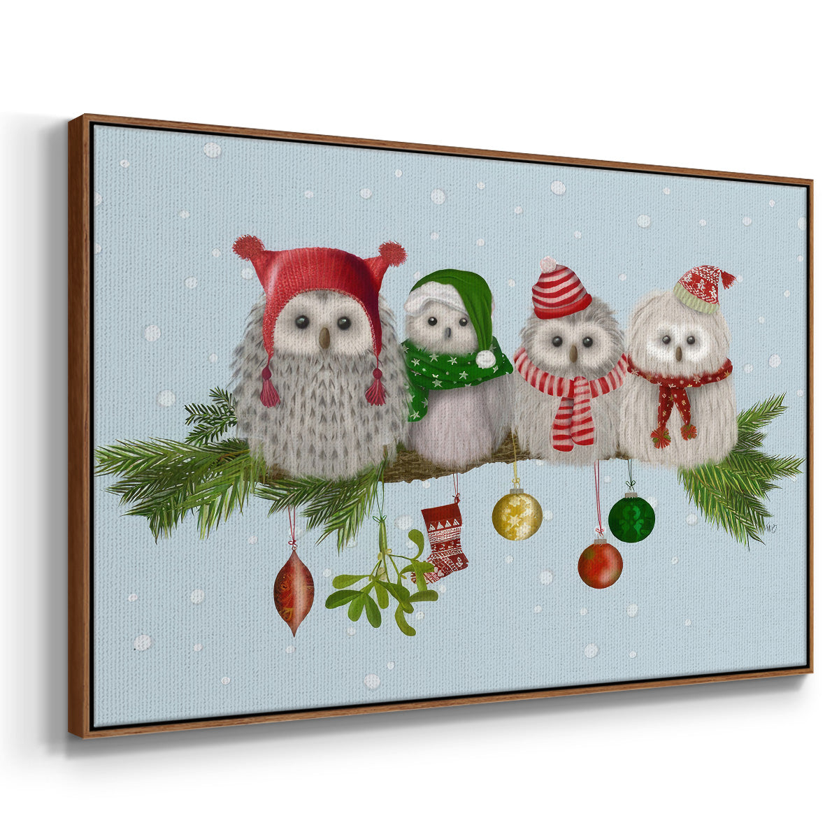 Fluffy Christmas Owls on Branch - Floater Framed Canvas Print
